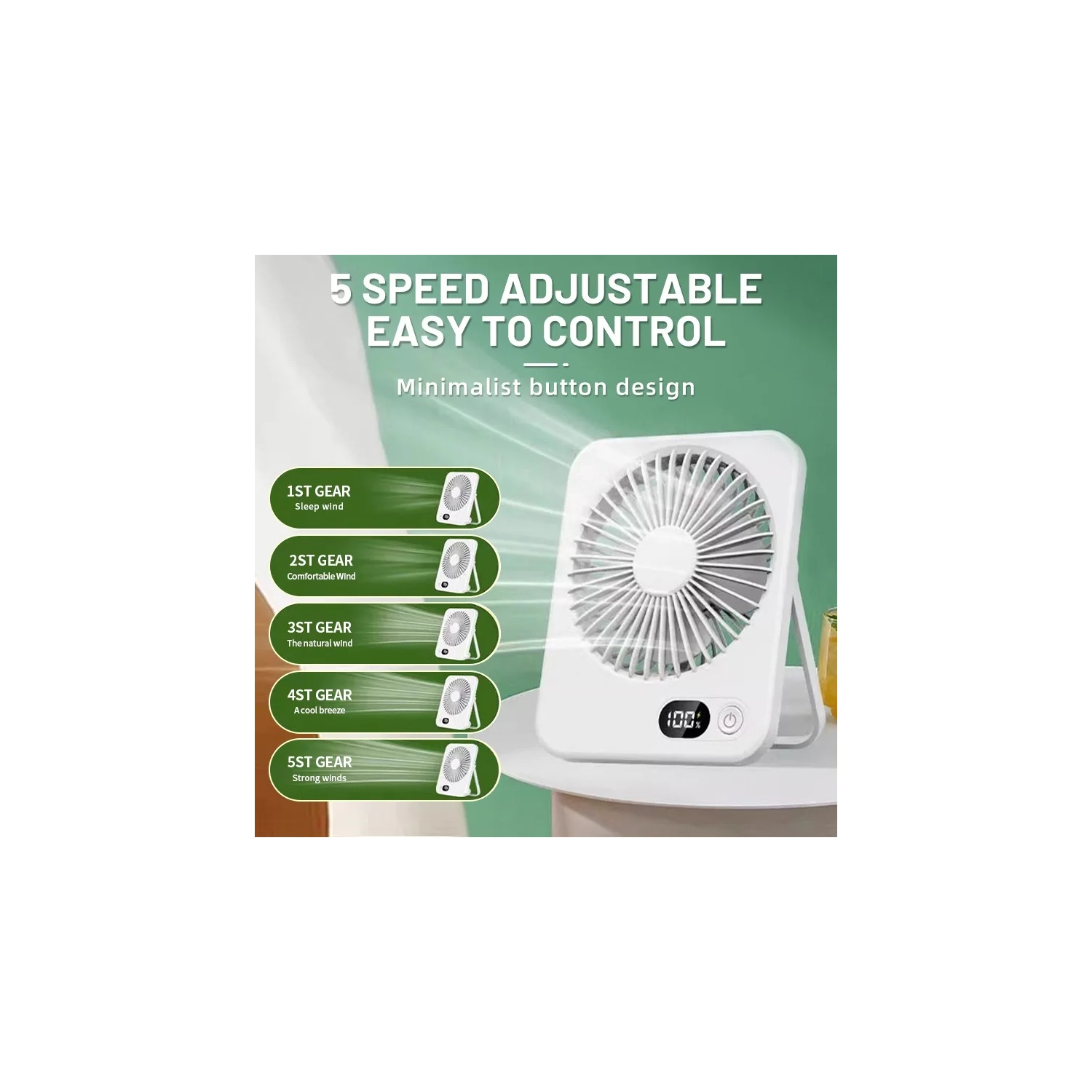 Mini ventilateur portatif USB, ventilateur de bureau à 5 vitesses avec écran LED, ventilateur de circulation suspendu adapté au bureau, à la maison