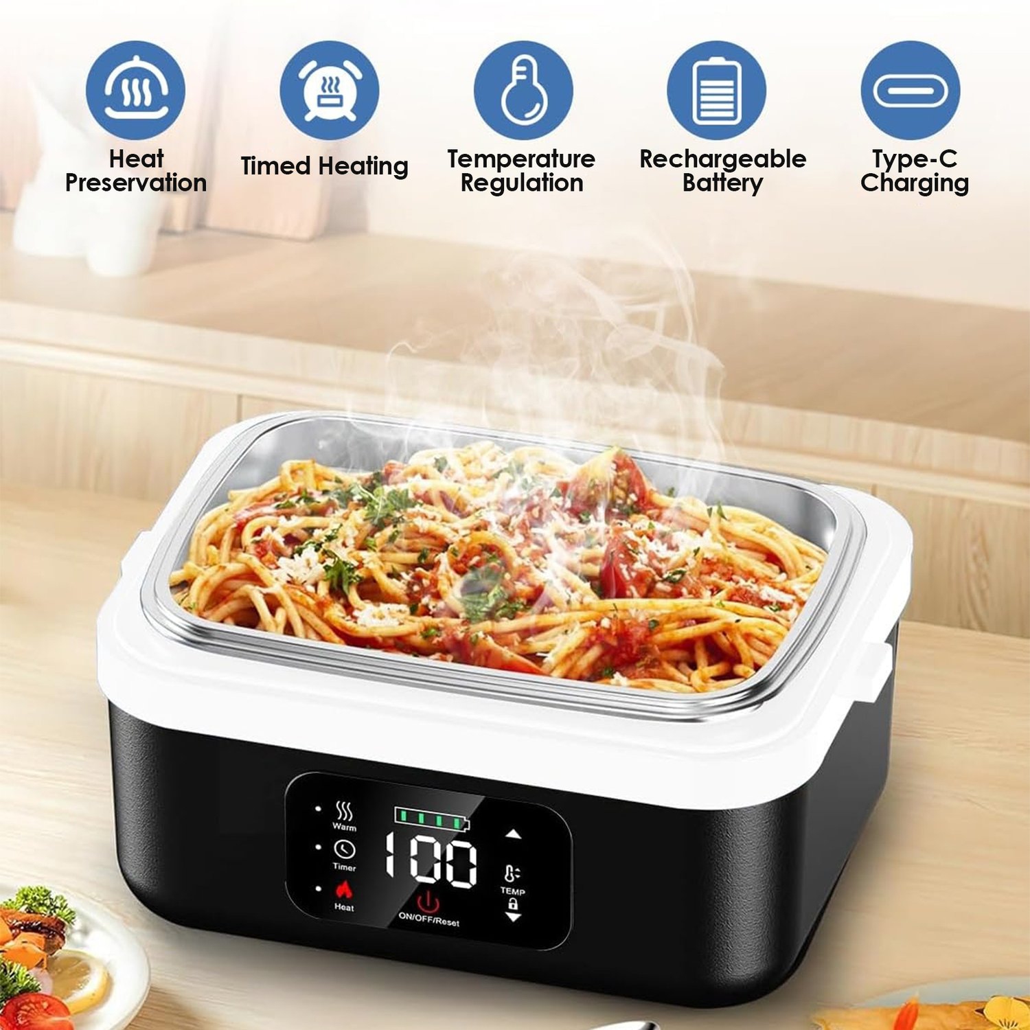 Cordless Electric Lunch Box for Adults, 8000mAh Rechargeable Auto Heated Lunch Box, 1L Portable Self-Heating Food Warmer for Office, Picnic, Car &