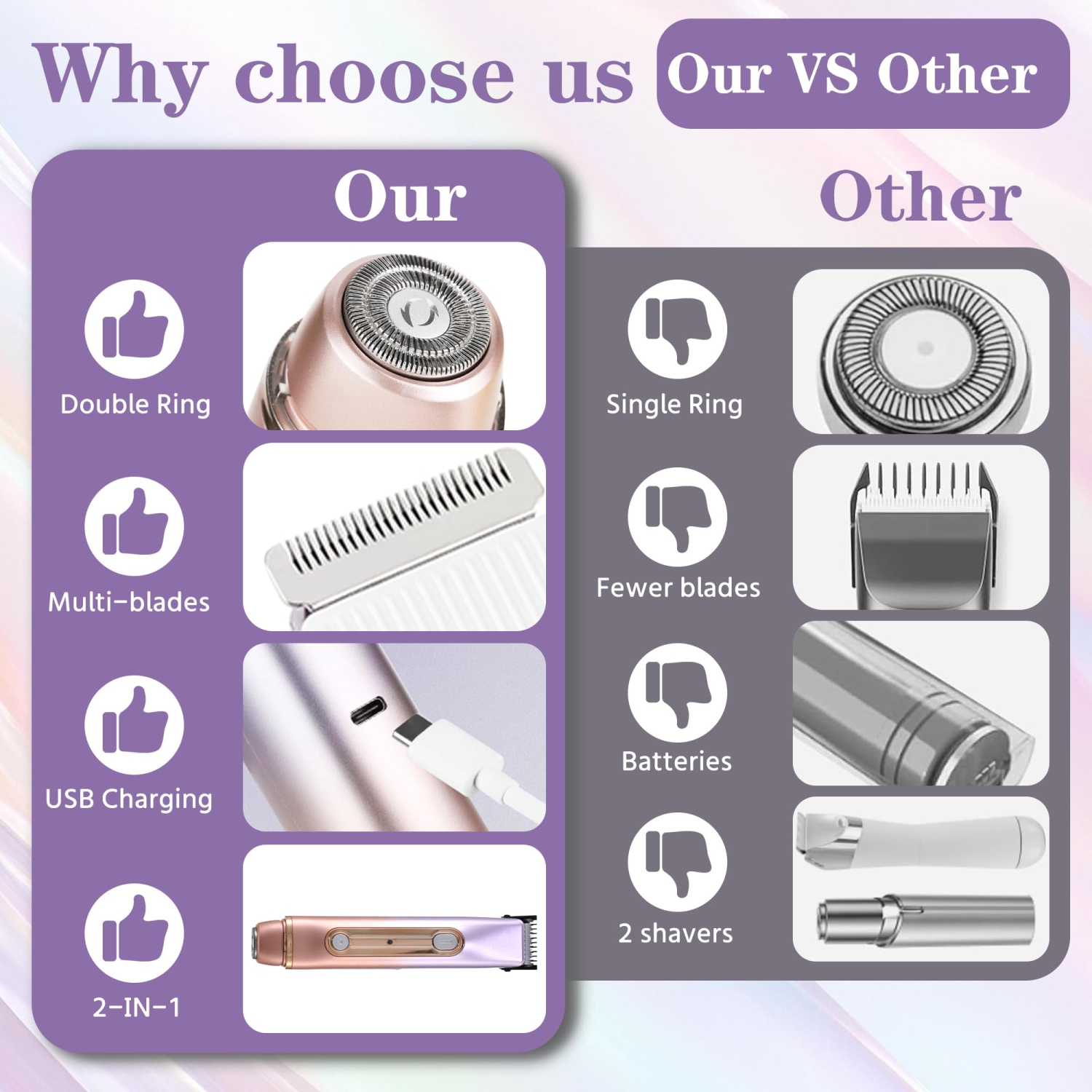 2 in 1 Women Electric Shaver Dual Head Bikini Trimmer IPX7 Waterproof Wet & Dry Use Body Remover for Bikini, Underarm Leg, Private Area, Arm, Body,