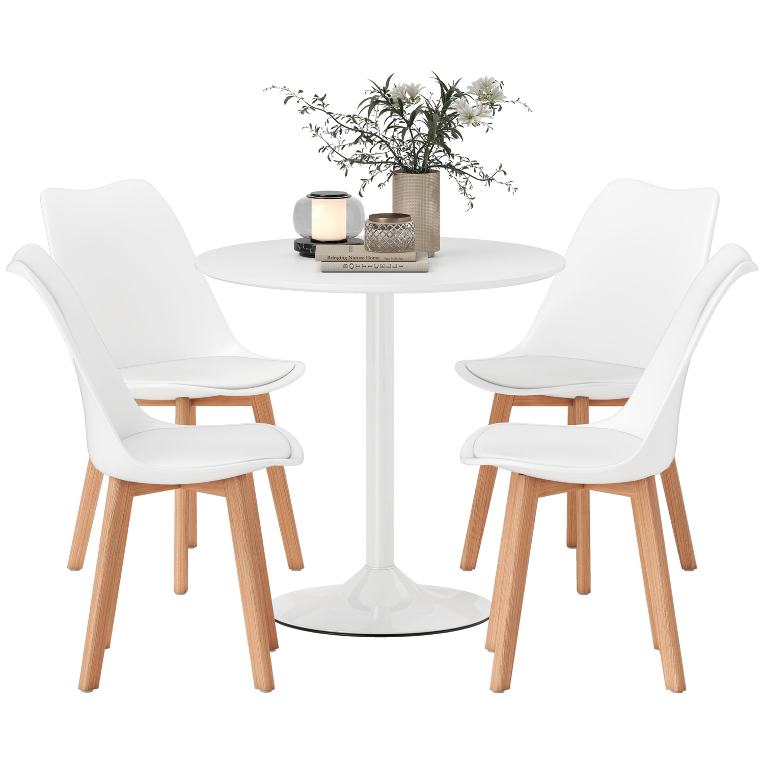 HOMCOM Round Dining Table Set, Kitchen Table and Chairs Set for 4 with Pedestal Base, PU Padded Seats, 5-Piece Dining Room Set for Small Space,