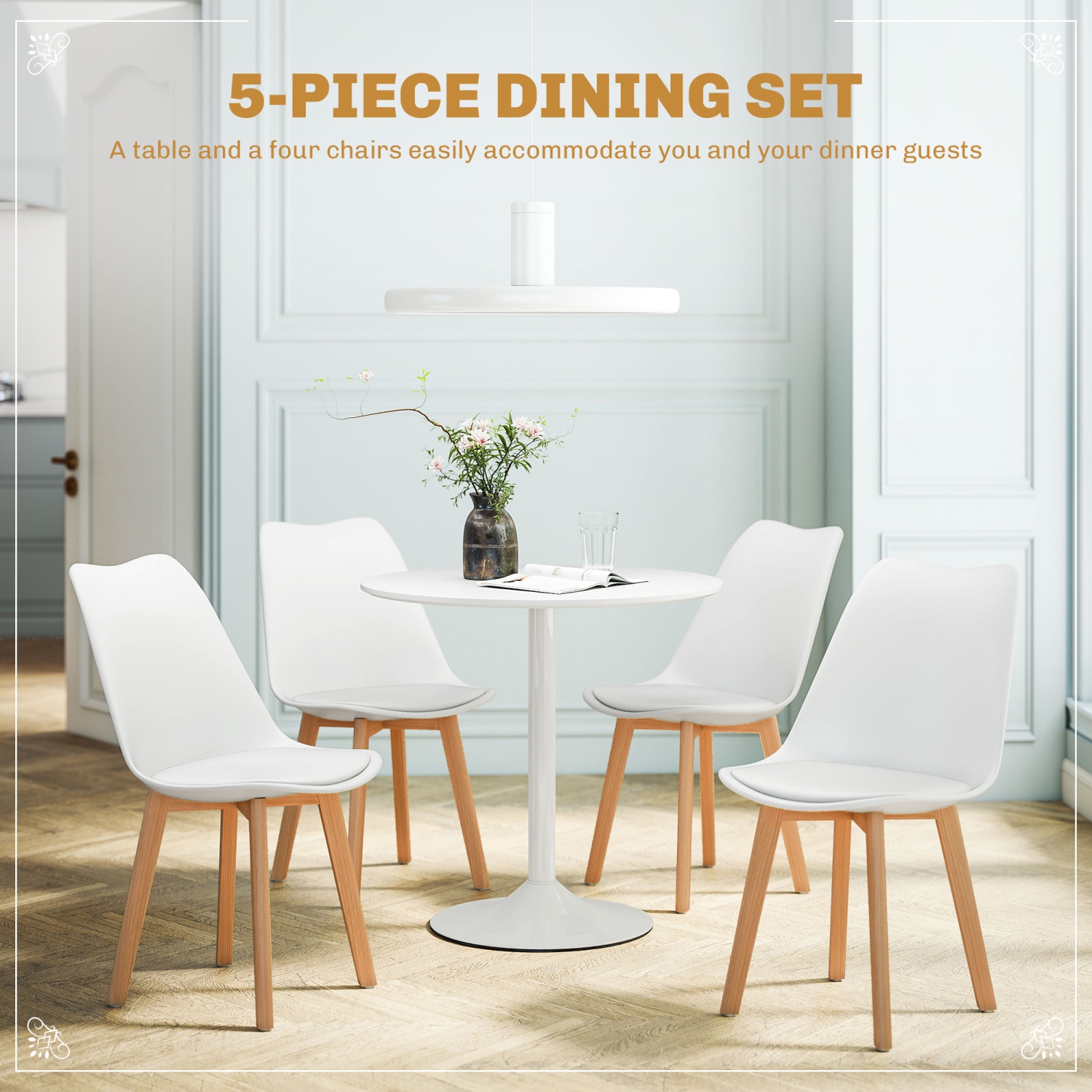 HOMCOM Round Dining Table Set, Kitchen Table and Chairs Set for 4 with Pedestal Base, PU Padded Seats, 5-Piece Dining Room Set for Small Space,