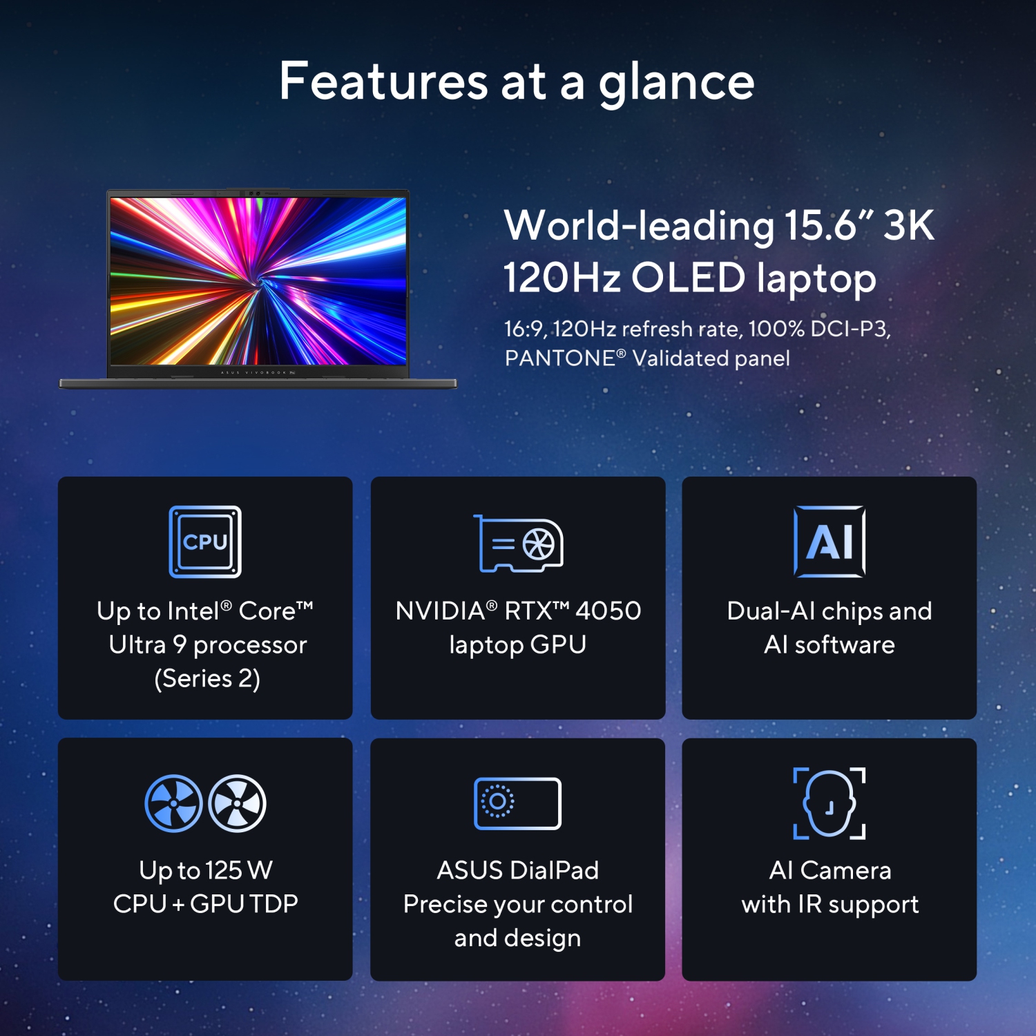 ASUS Vivobook Pro 15 Laptop (15.6” 3K OLED Display / Intel Core Ultra 9 / NVIDIA GeForce RTX 4050 / 24GB / 1TB SSD / Windows 11 Home / Wi-Fi 6E/