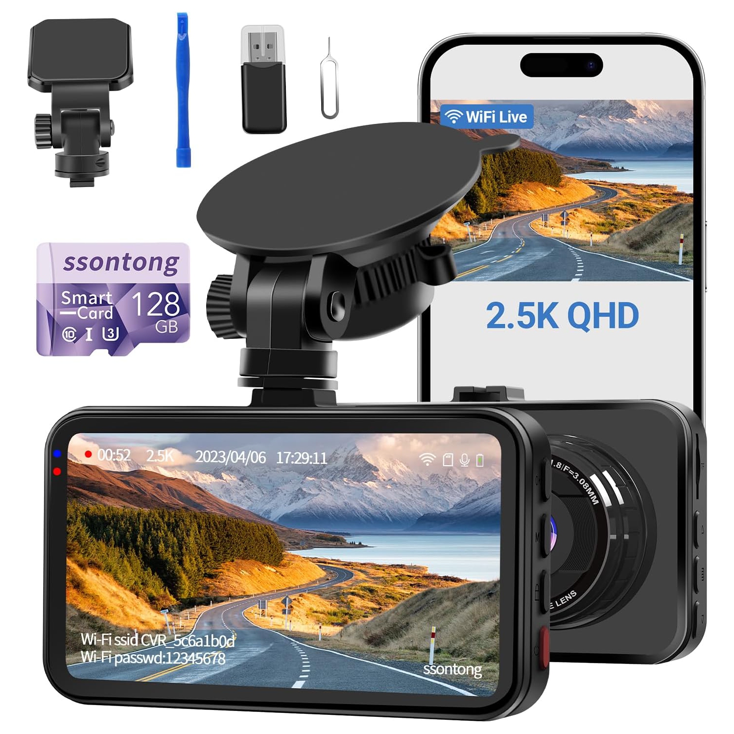 Dash Cam Front and Rear Camera, Dash Cam WiFi/APP Control Dashcam W/ 64GB Card, 2.5K Dashcam Front + 1080P Rear Car Dash Camera W/Super Night Vision,