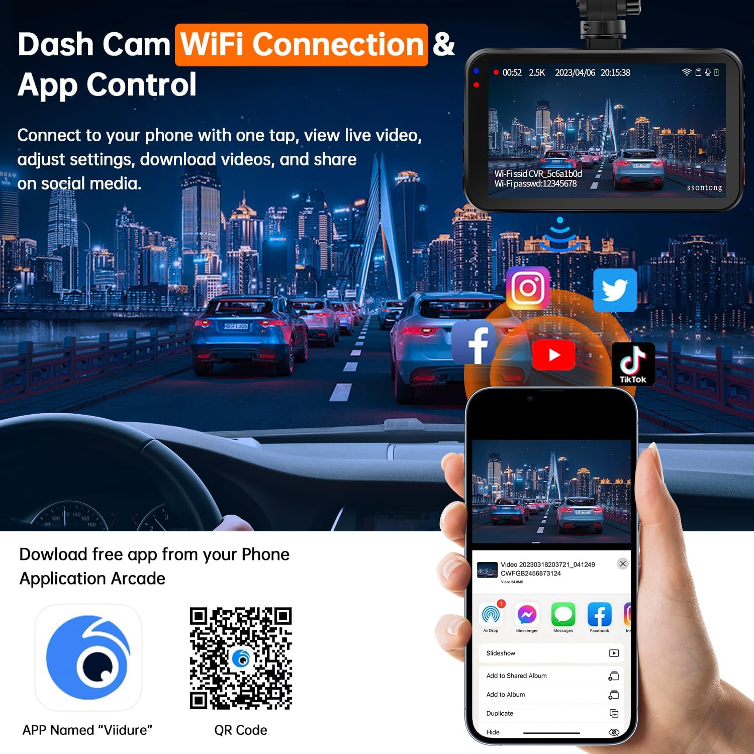 Dash Cam Front and Rear Camera, Dash Cam WiFi/APP Control Dashcam W/ 64GB Card, 2.5K Dashcam Front + 1080P Rear Car Dash Camera W/Super Night Vision,