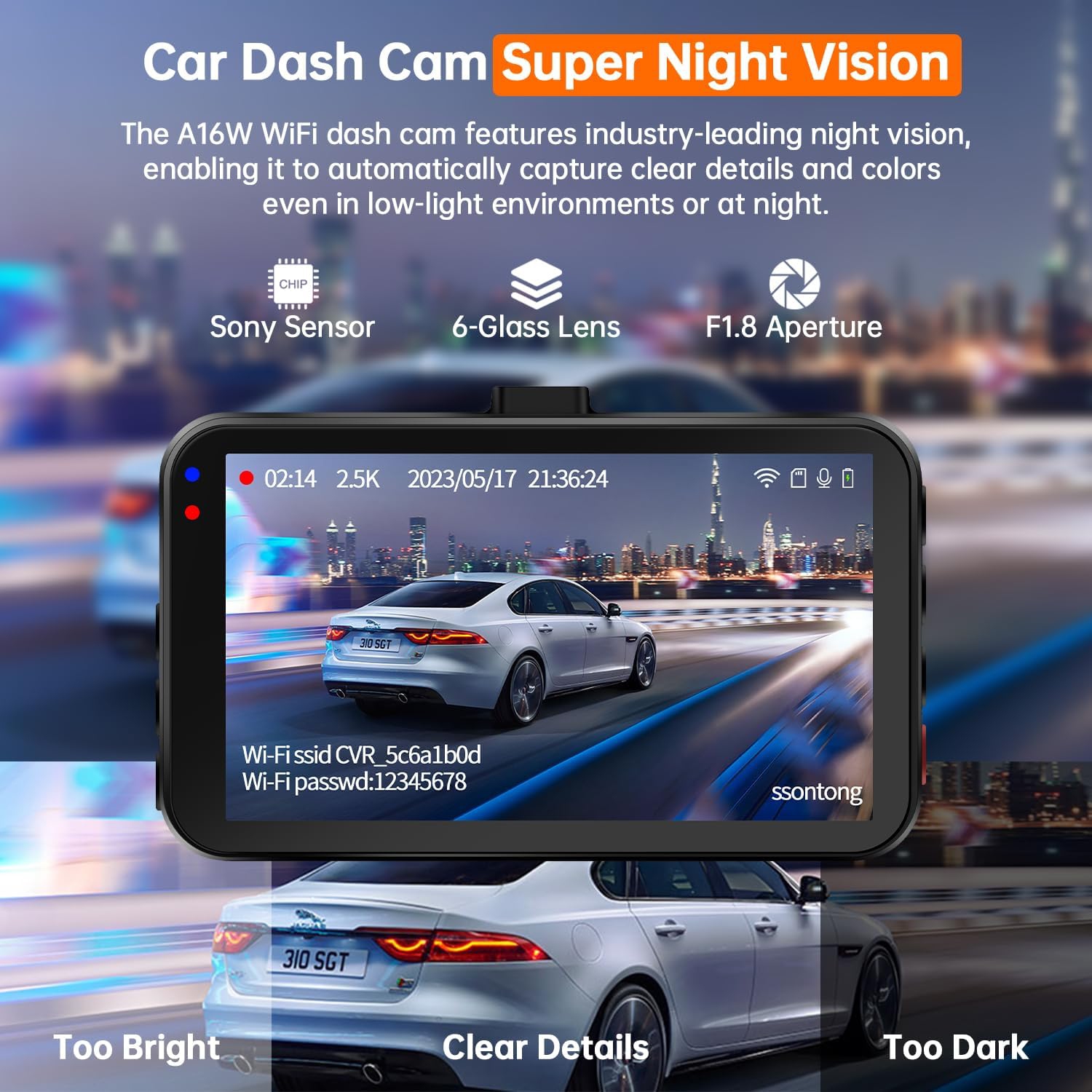 Dash Cam Front and Rear Camera, Dash Cam WiFi/APP Control Dashcam W/ 64GB Card, 2.5K Dashcam Front + 1080P Rear Car Dash Camera W/Super Night Vision,
