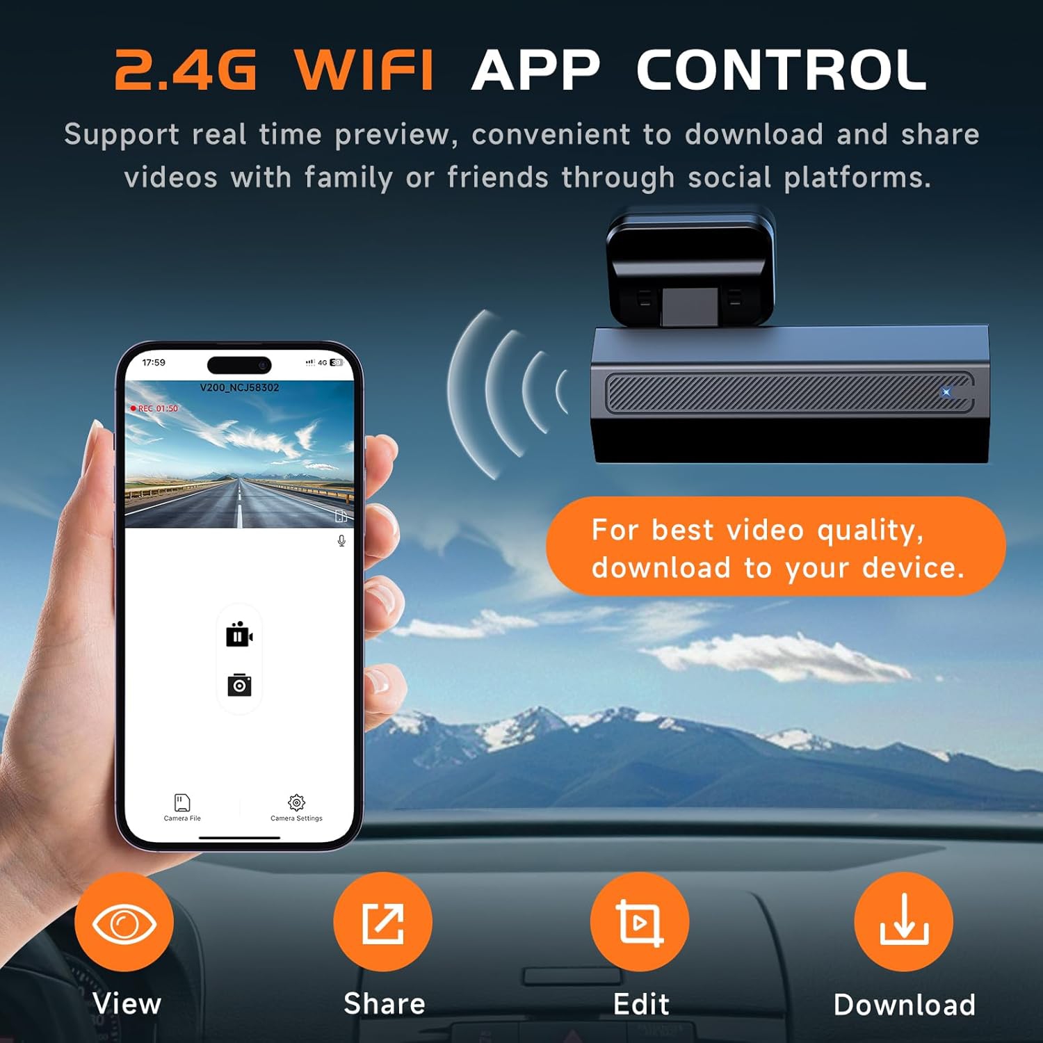 Dash Cam Front 2.5K: Mini Dash Cam for Cars, 1440P Car Camera with APP, WiFi Dash Cam with WDR Night Vision, 24 Hours Parking Monitor Dashcams,