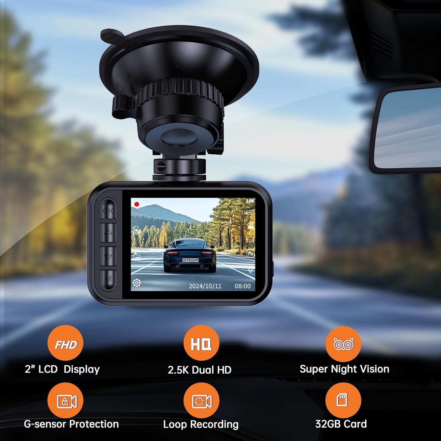 Dash Cam Front and Rear, 2.5K Dual Dash Camera for Cars, 2560P Mini Car Camera, 2 inch IPS Screen, 32GB Card Included, WDR Night Vision, 24 Hours