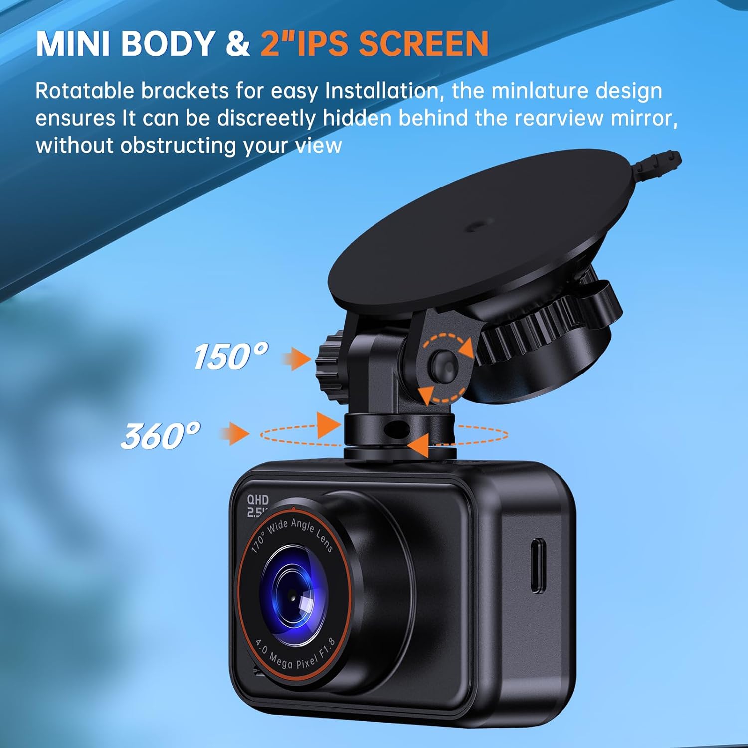 Dash Cam Front and Rear, 2.5K Dual Dash Camera for Cars, 2560P Mini Car Camera, 2 inch IPS Screen, 32GB Card Included, WDR Night Vision, 24 Hours