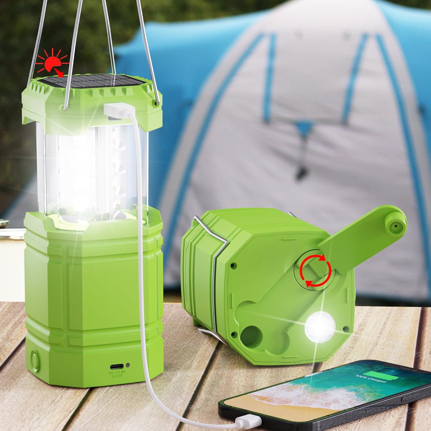 Lanterne de camping, lampe d'urgence solaire à manivelle rechargeable 3000&nbsp;mAh, lampe de poche portative pliante pour tente de camping pour