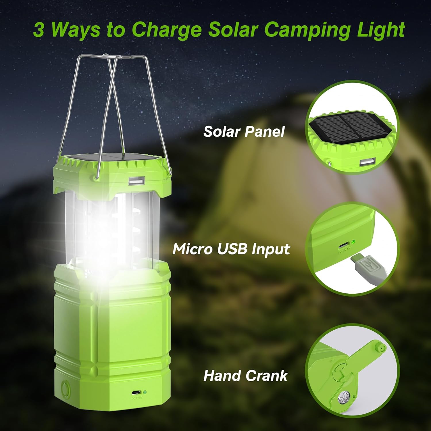 Lanterne de camping, lampe d'urgence solaire à manivelle rechargeable 3000 mAh, lampe de poche portative pliante pour tente de camping pour