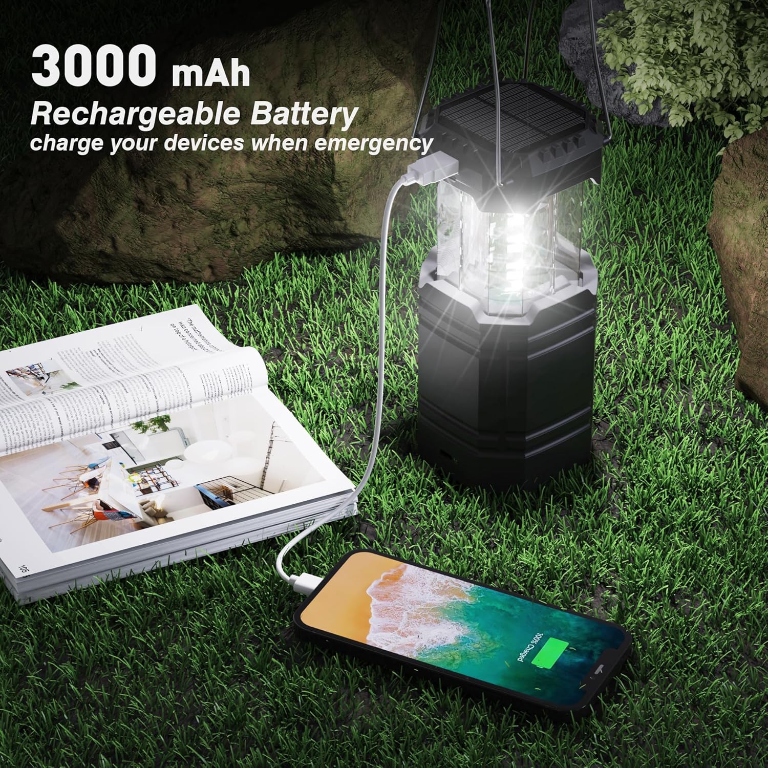 Camping Lantern, 3000mAh Rechargeable Battery Solar Hand Crank Powered Emergency Lights , Collapsible Portable Flashlight Camping Tent Light for