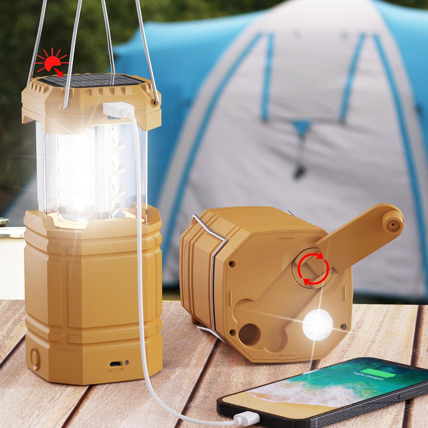Camping Lantern, 3000mAh Rechargeable Battery Solar Hand Crank Powered Emergency Lights for Power Outage, Collapsible Portable Flashlight Camping