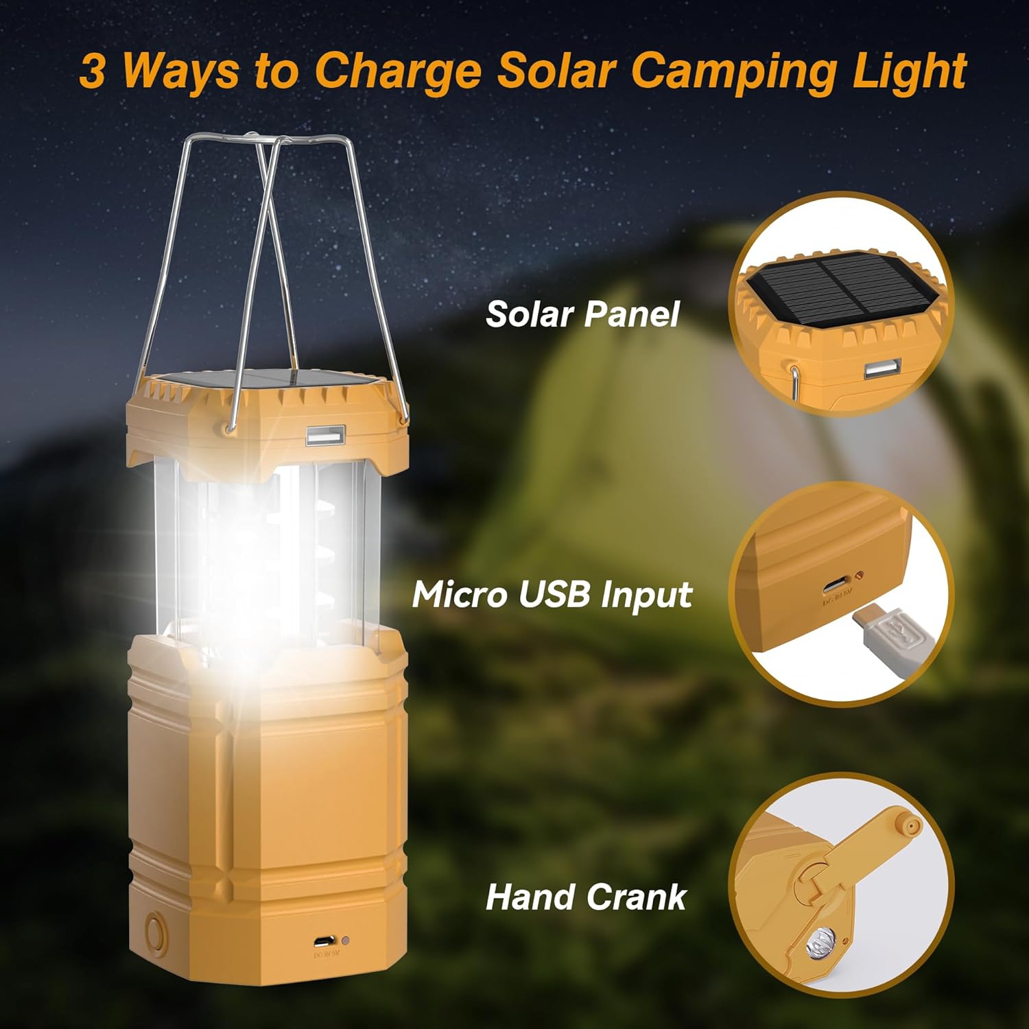 Camping Lantern, 3000mAh Rechargeable Battery Solar Hand Crank Powered Emergency Lights for Power Outage, Collapsible Portable Flashlight Camping