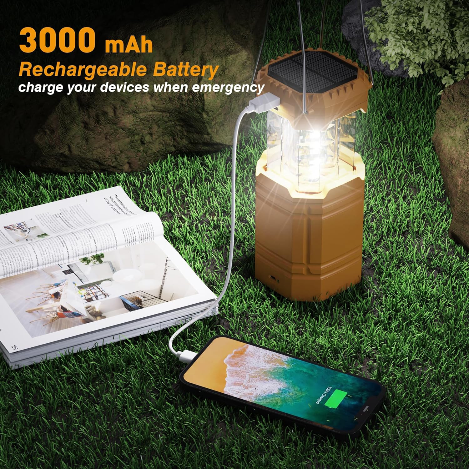 Camping Lantern, 3000mAh Rechargeable Battery Solar Hand Crank Powered Emergency Lights for Power Outage, Collapsible Portable Flashlight Camping