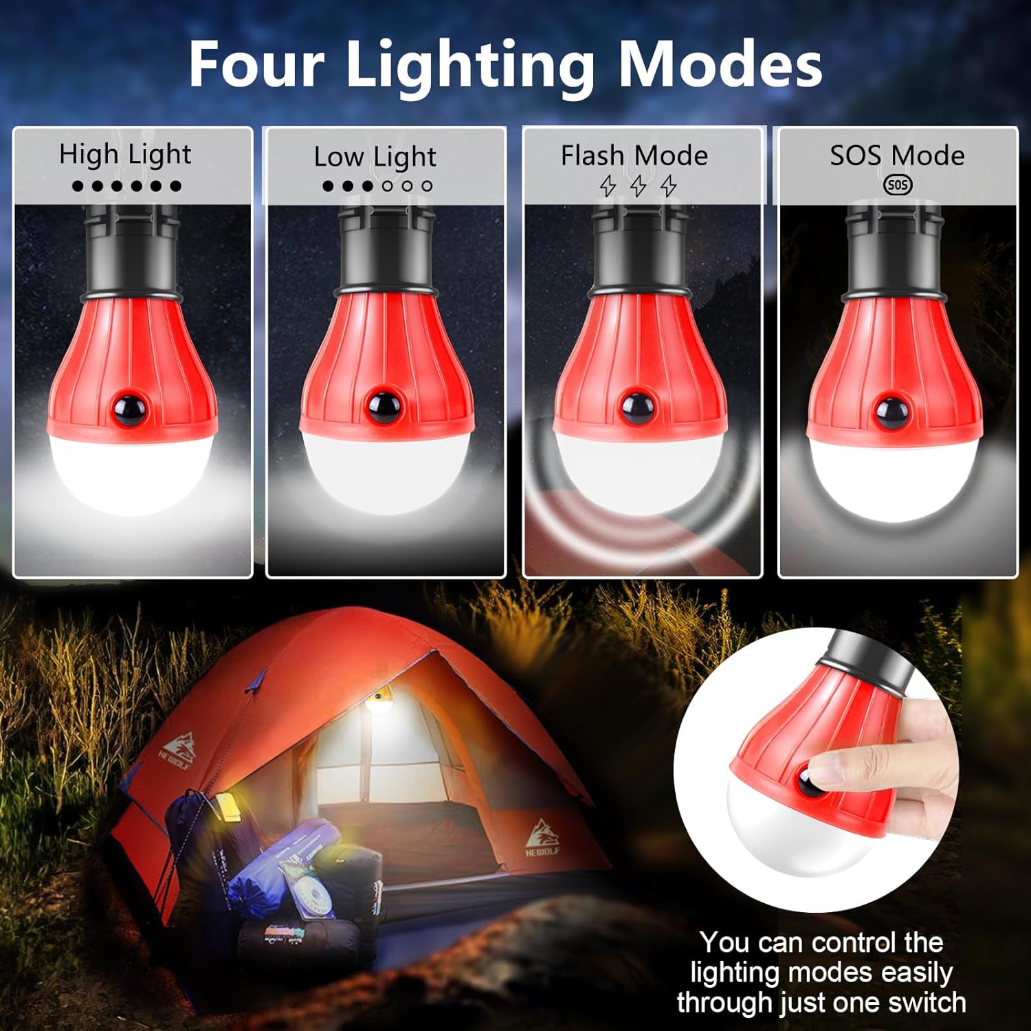 Lampe de camping [Paquet de 5], 4 modes d'éclairage Ampoules de lanterne de camping LED avec crochets à pince, lampe de tente d'urgence portative