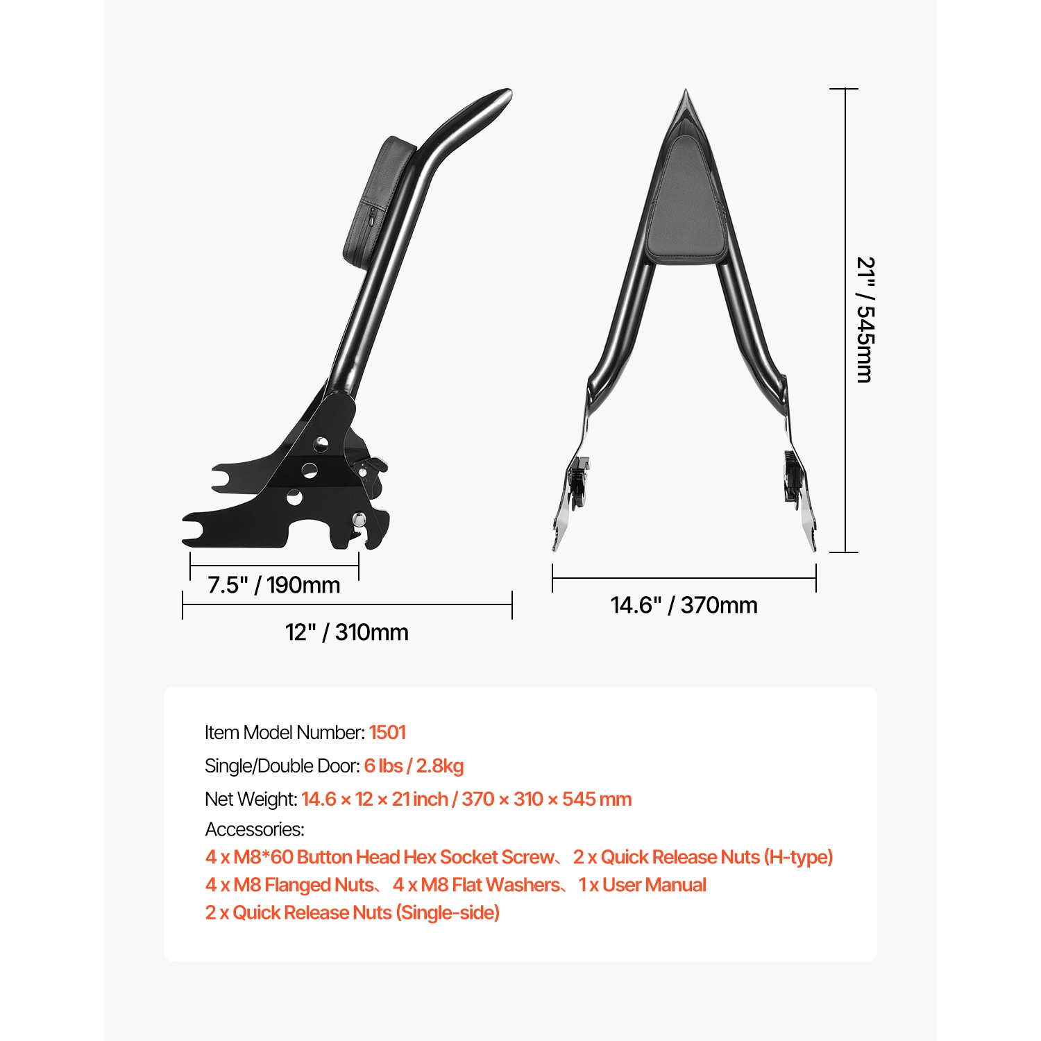VEVOR 27 in Height Motorcycle Backrest Sissy Bar, Compatible with Harley-Davidson Touring Models, Quick Release Detachable Passenger Backrest,Metal