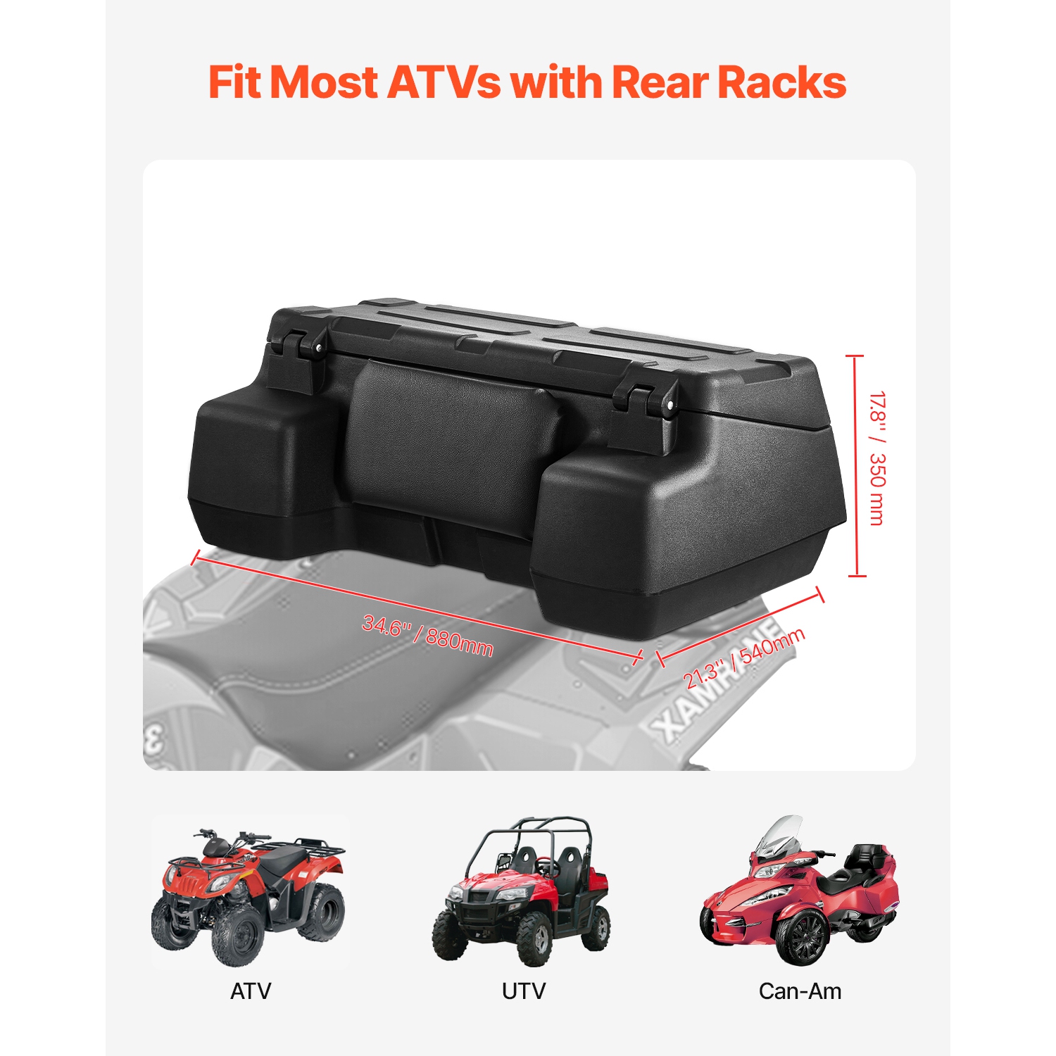 VEVOR 95L ATV Rear Storage Box, ATV Rear Cargo Box with Padded Backrest ...