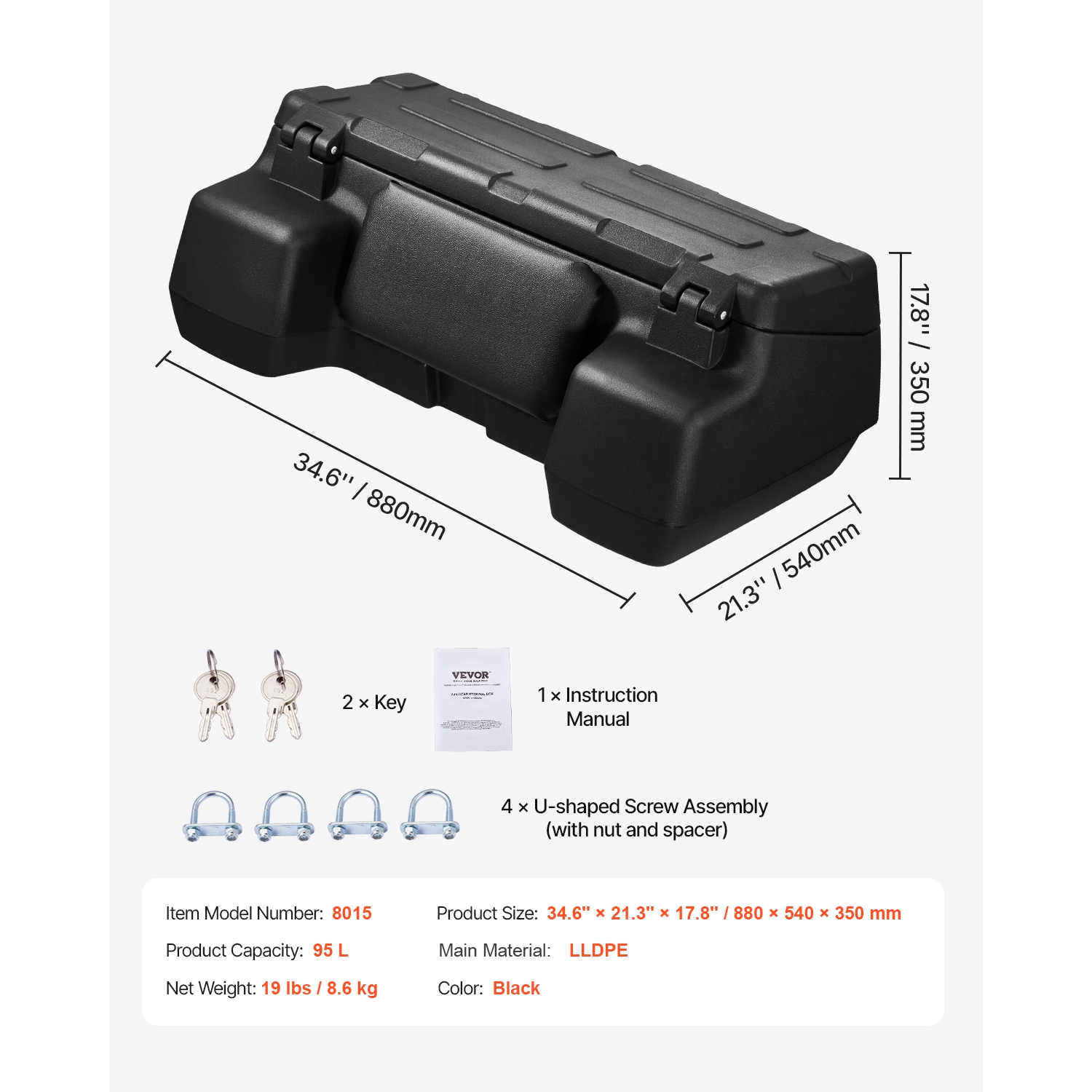 Kids Atv Rear Rack VEVOR 95L ATV Rear Storage Box, ATV Rear Cargo Box with Padded Backrest ...