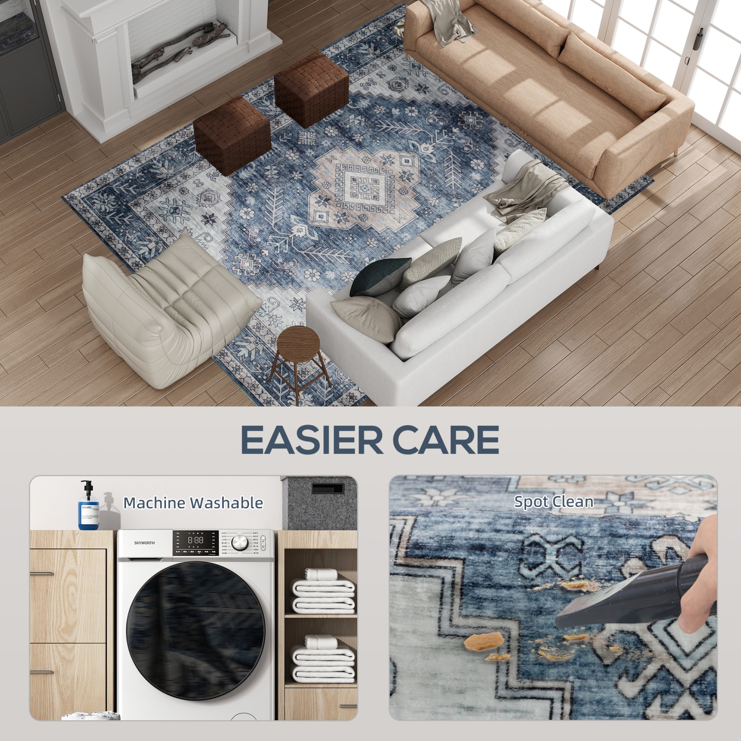 HOMCOM 8x10 Area Rug, Vintage Machine Washable Rug, Non-Slip Floor Carpet for Living Room, Bedroom, Dining Room, Home Office, Blue