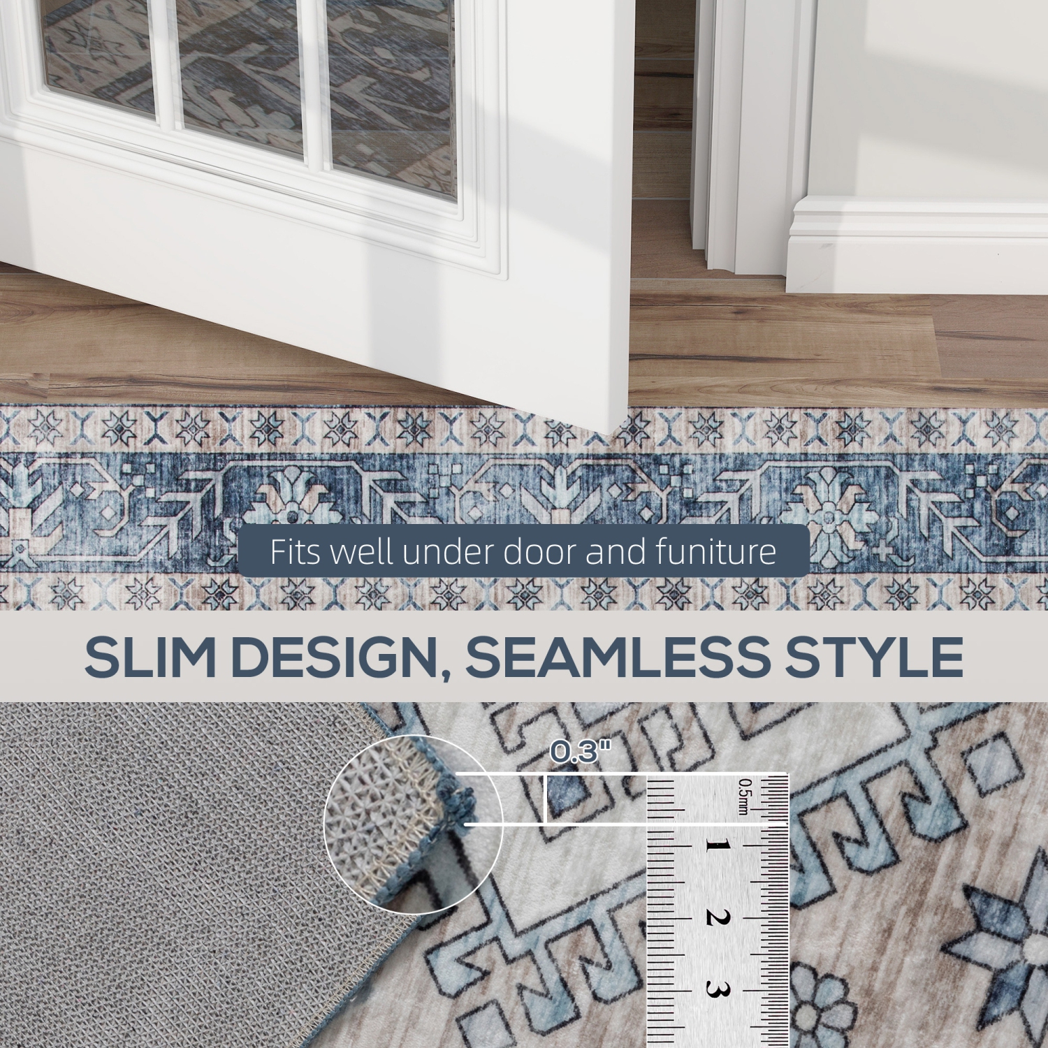 HOMCOM 8x10 Area Rug, Vintage Machine Washable Rug, Non-Slip Floor Carpet for Living Room, Bedroom, Dining Room, Home Office, Blue