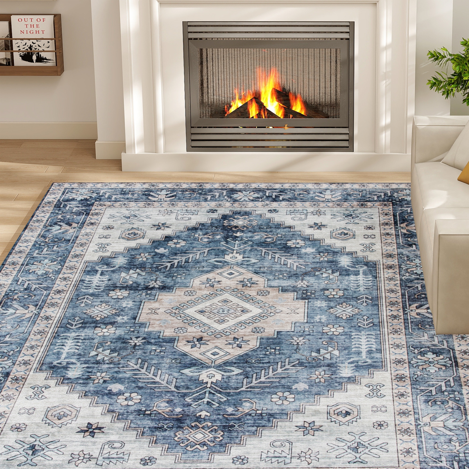 HOMCOM 8x10 Area Rug, Vintage Machine Washable Rug, Non-Slip Floor Carpet for Living Room, Bedroom, Dining Room, Home Office, Blue