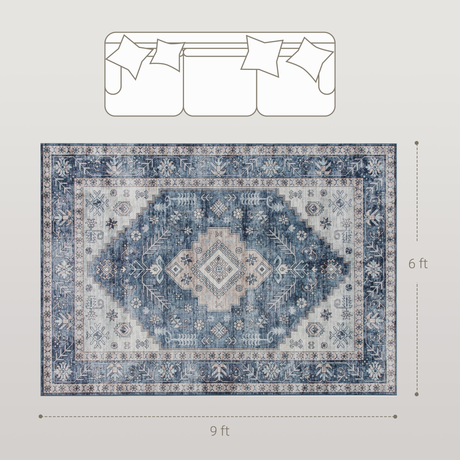 HOMCOM 6x9 Area Rug, Vintage Machine Washable Rug, Non-Slip Floor Carpet for Living Room, Bedroom, Dining Room, Home Office, Blue