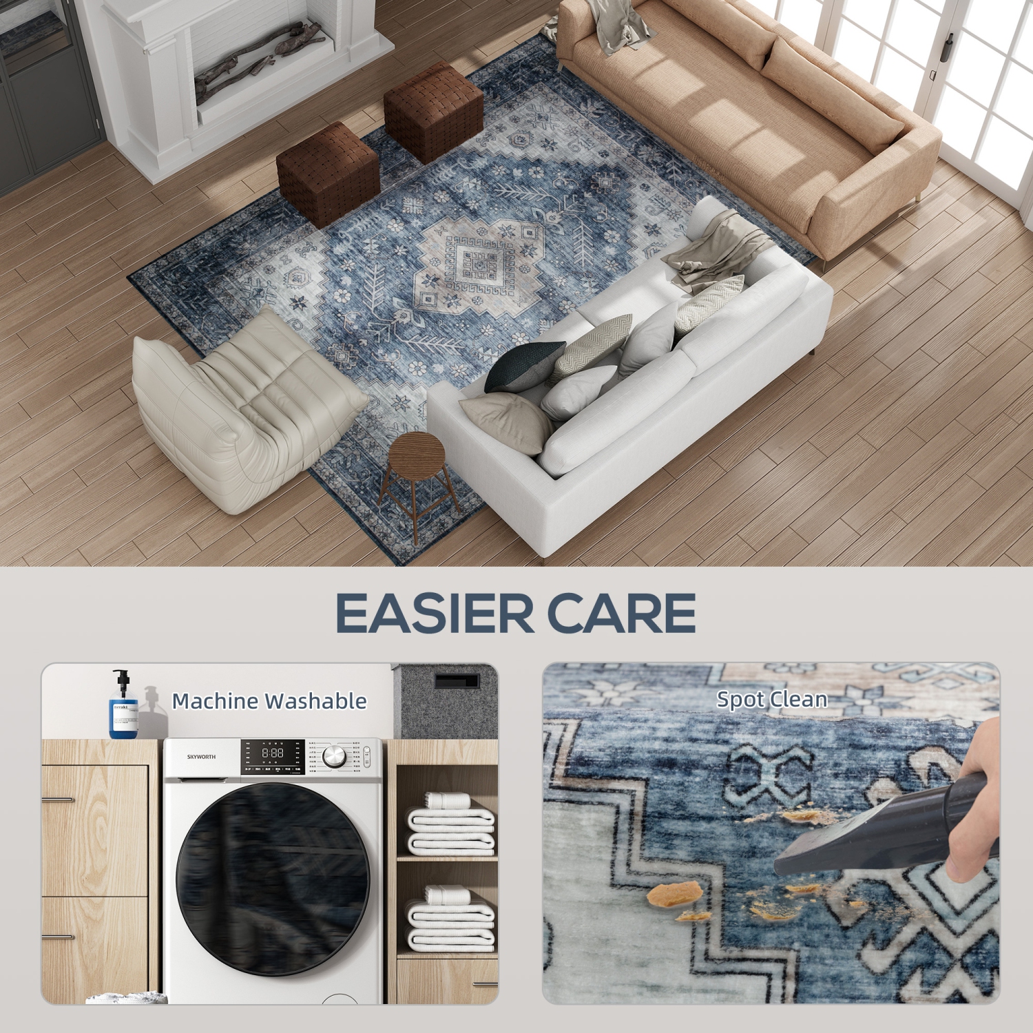 HOMCOM 6x9 Area Rug, Vintage Machine Washable Rug, Non-Slip Floor Carpet for Living Room, Bedroom, Dining Room, Home Office, Blue