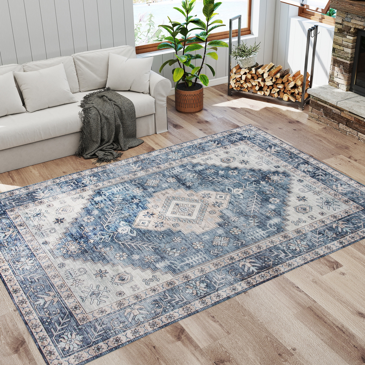 HOMCOM 6x9 Area Rug, Vintage Machine Washable Rug, Non-Slip Floor Carpet for Living Room, Bedroom, Dining Room, Home Office, Blue