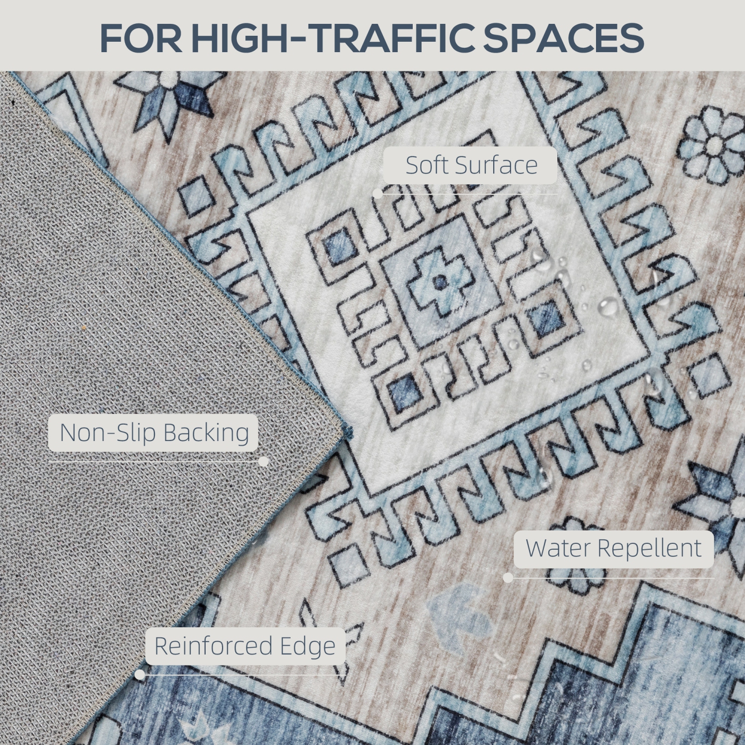 Tapis 5x7 de HOMCOM, tapis ancien lavable à la machine, tapis antidérapant pour salon, chambre, salle à manger, bureau à domicile, bleu