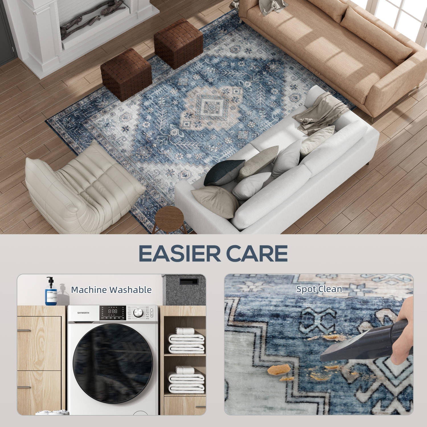 Tapis 5x7 de HOMCOM, tapis ancien lavable à la machine, tapis antidérapant pour salon, chambre, salle à manger, bureau à domicile, bleu