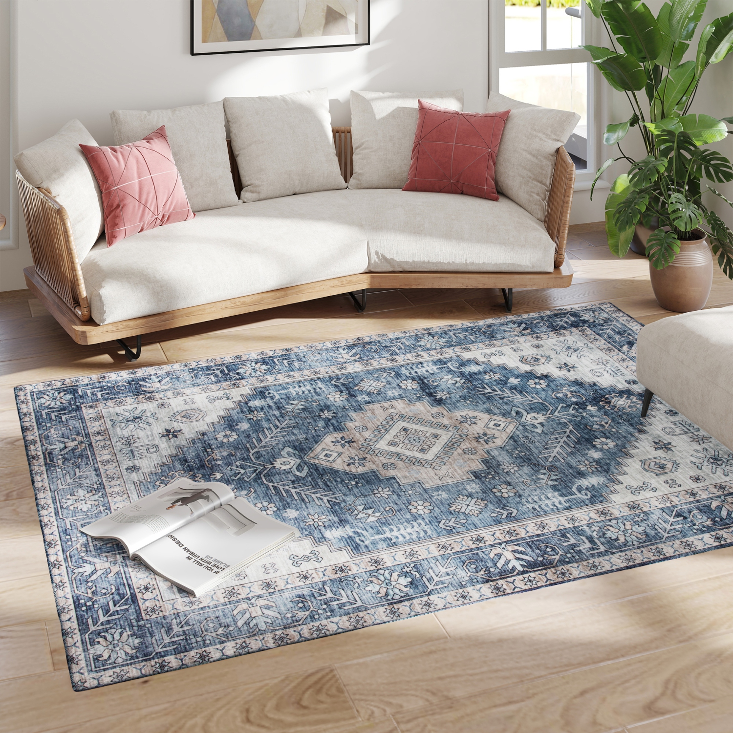 Tapis 5x7 de HOMCOM, tapis ancien lavable à la machine, tapis antidérapant pour salon, chambre, salle à manger, bureau à domicile, bleu