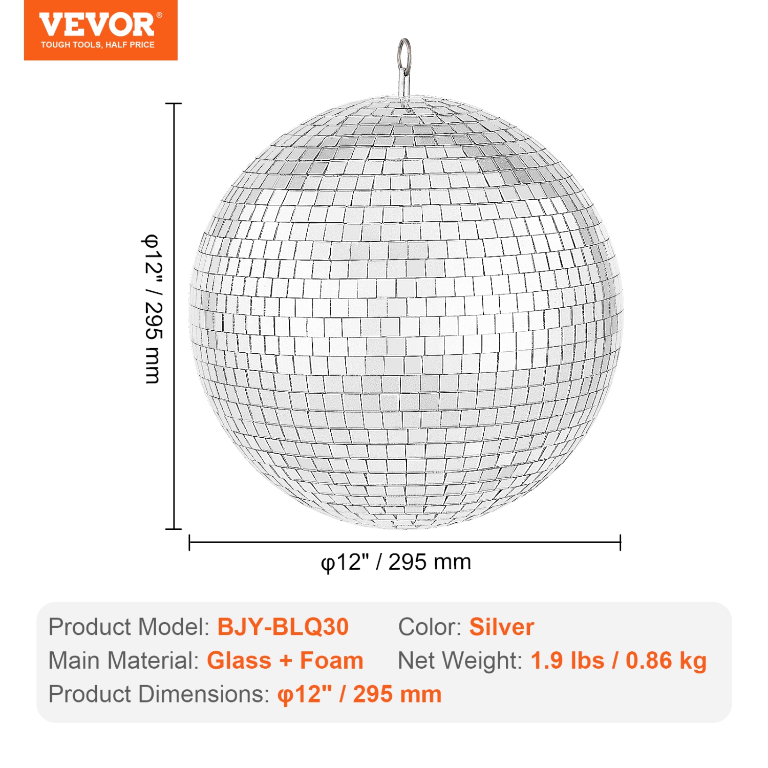 VEVOR 12 Inch Mirror Disco Ball, Mirror Ball with Hanging Ring, Lightning Disco Ball Party Decorations, Ideal for DJ Club, Stage, Wedding, Birthday,