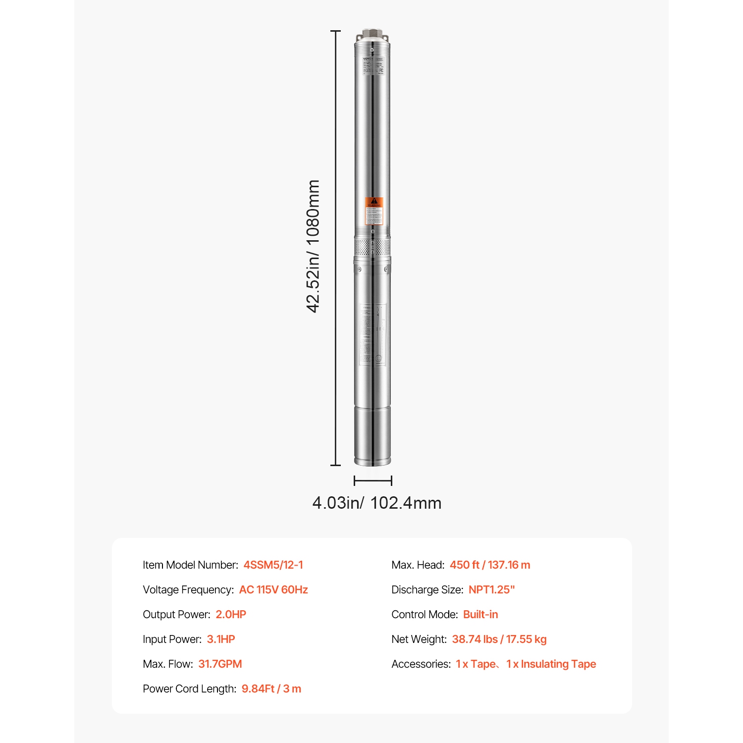 Pompe submersible à puits profond VEVOR 2&nbsp;HP, puissance de sortie, 115&nbsp;V, tête 450&nbsp;pi à débit de 31,7 GPM, avec cordon 9.84&nbsp;pi,