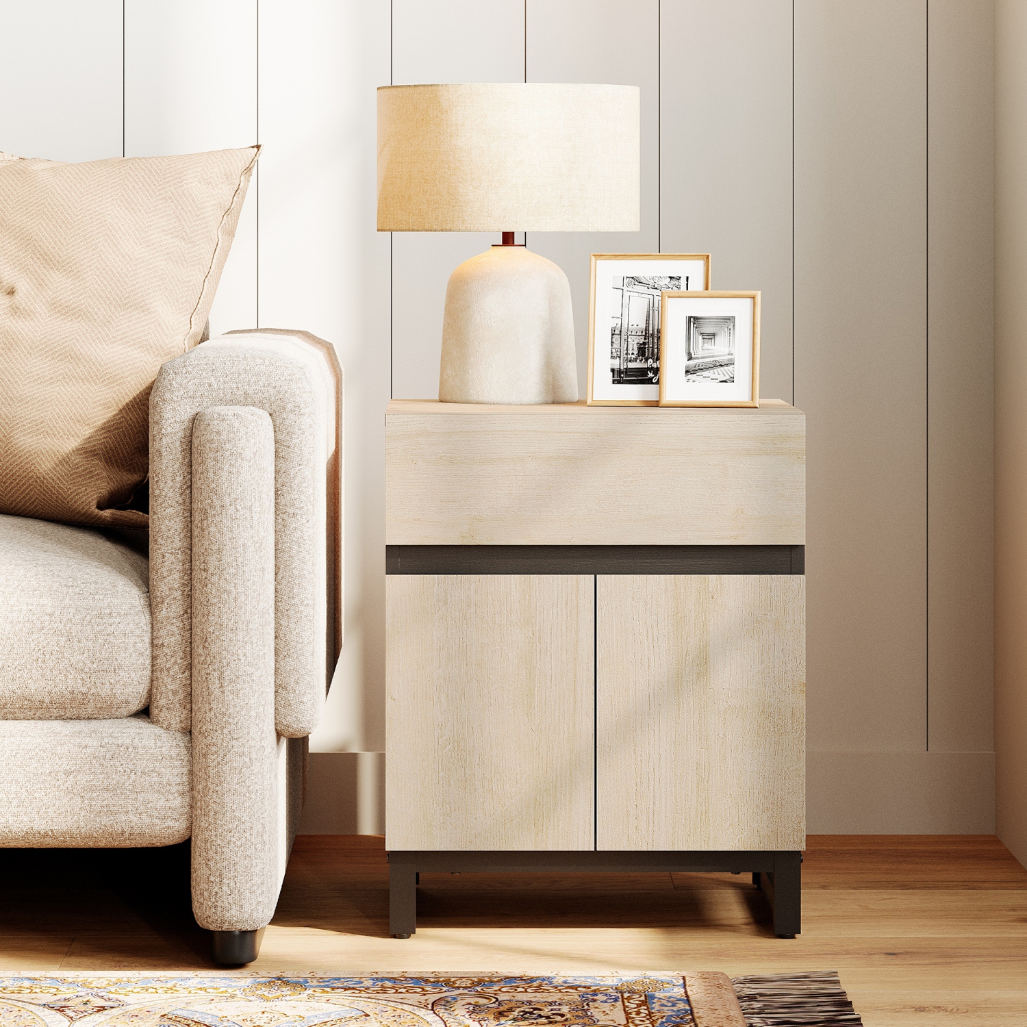 WAMPAT Modern End Table with 2 Open Door, Farmhouse Sofa Table with 1 Drawer and 1 Storage, Wood Rustic Side End Table for Living Room, Nighstand for