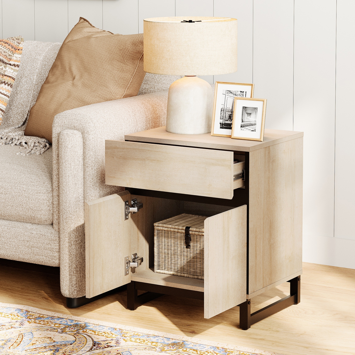 WAMPAT Modern End Table with 2 Open Door, Farmhouse Sofa Table with 1 Drawer and 1 Storage, Wood Rustic Side End Table for Living Room, Nighstand for