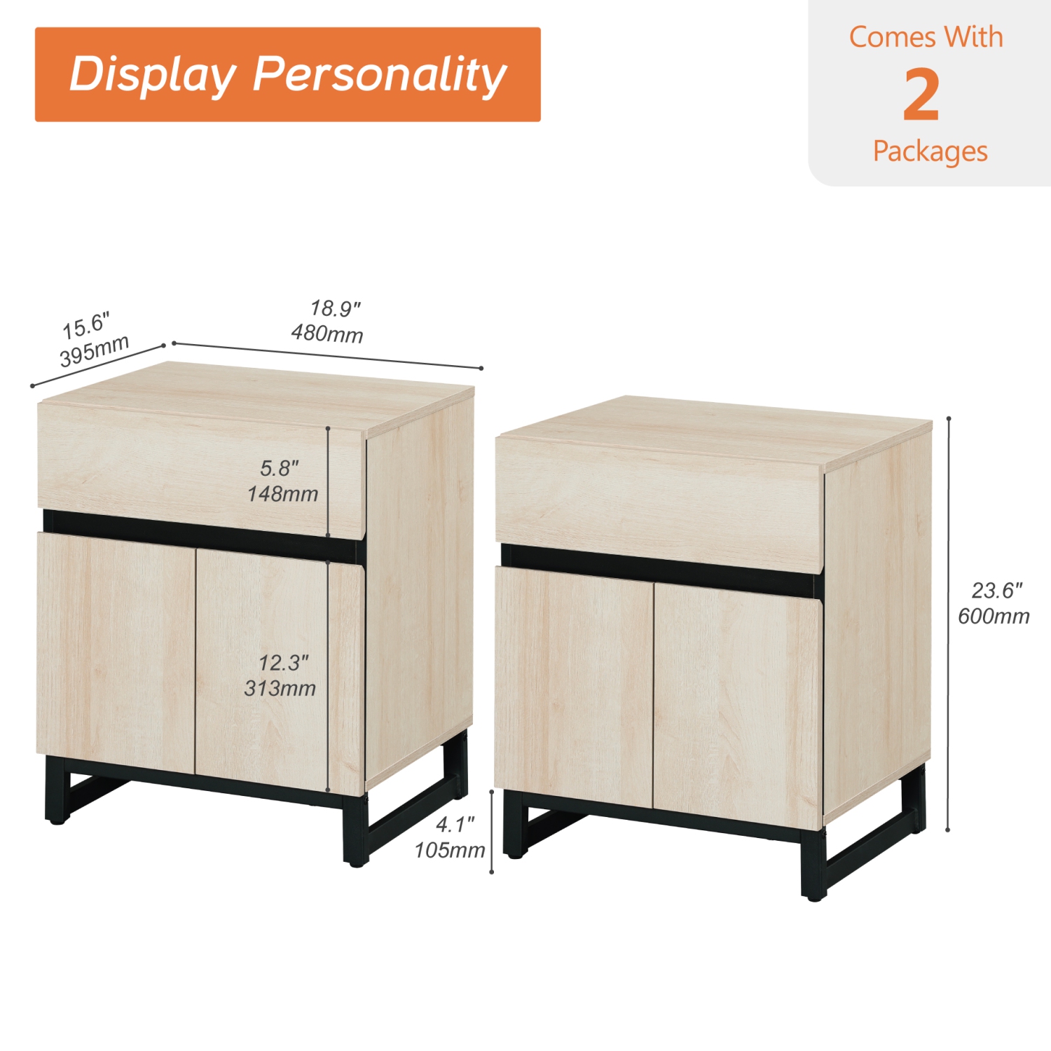 WAMPAT 2 Pack Modern End Table with 1 Drawer & 1 Storage, Farmhouse Sofa Table with 2 Door, Wood Rustic Side End Table for Living Room, Nighstand for