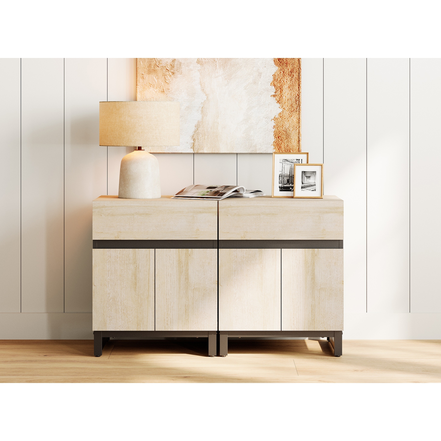 WAMPAT 2 Pack Modern End Table with 1 Drawer & 1 Storage, Farmhouse Sofa Table with 2 Door, Wood Rustic Side End Table for Living Room, Nighstand for