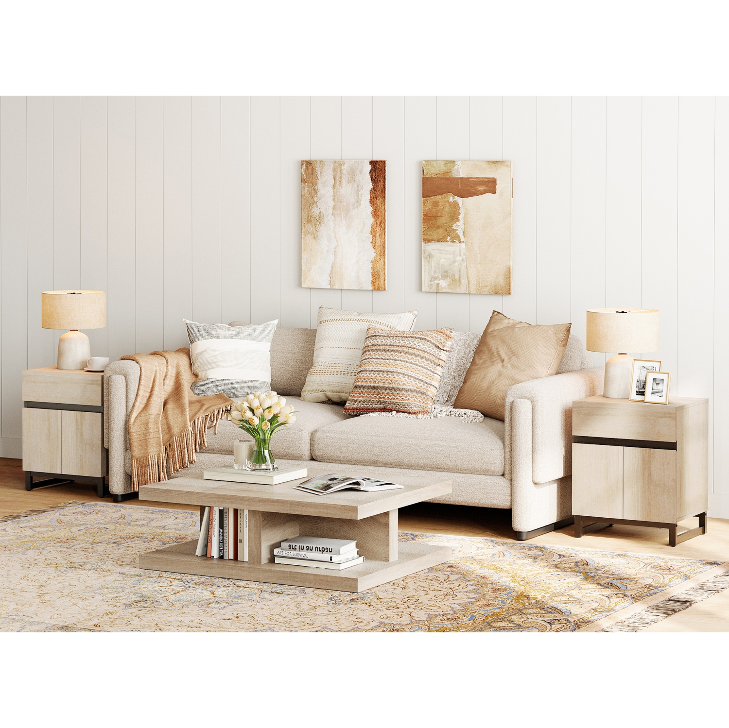 WAMPAT 2 Pack Modern End Table with 1 Drawer & 1 Storage, Farmhouse Sofa Table with 2 Door, Wood Rustic Side End Table for Living Room, Nighstand for