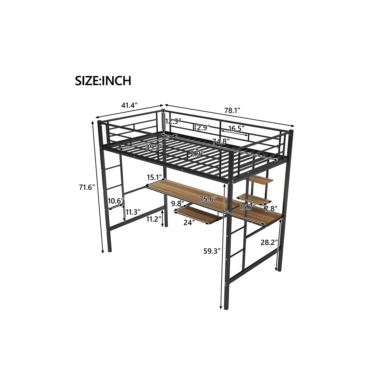Kepooman Twin Loft Bed with Desk and Shelf and LED Light