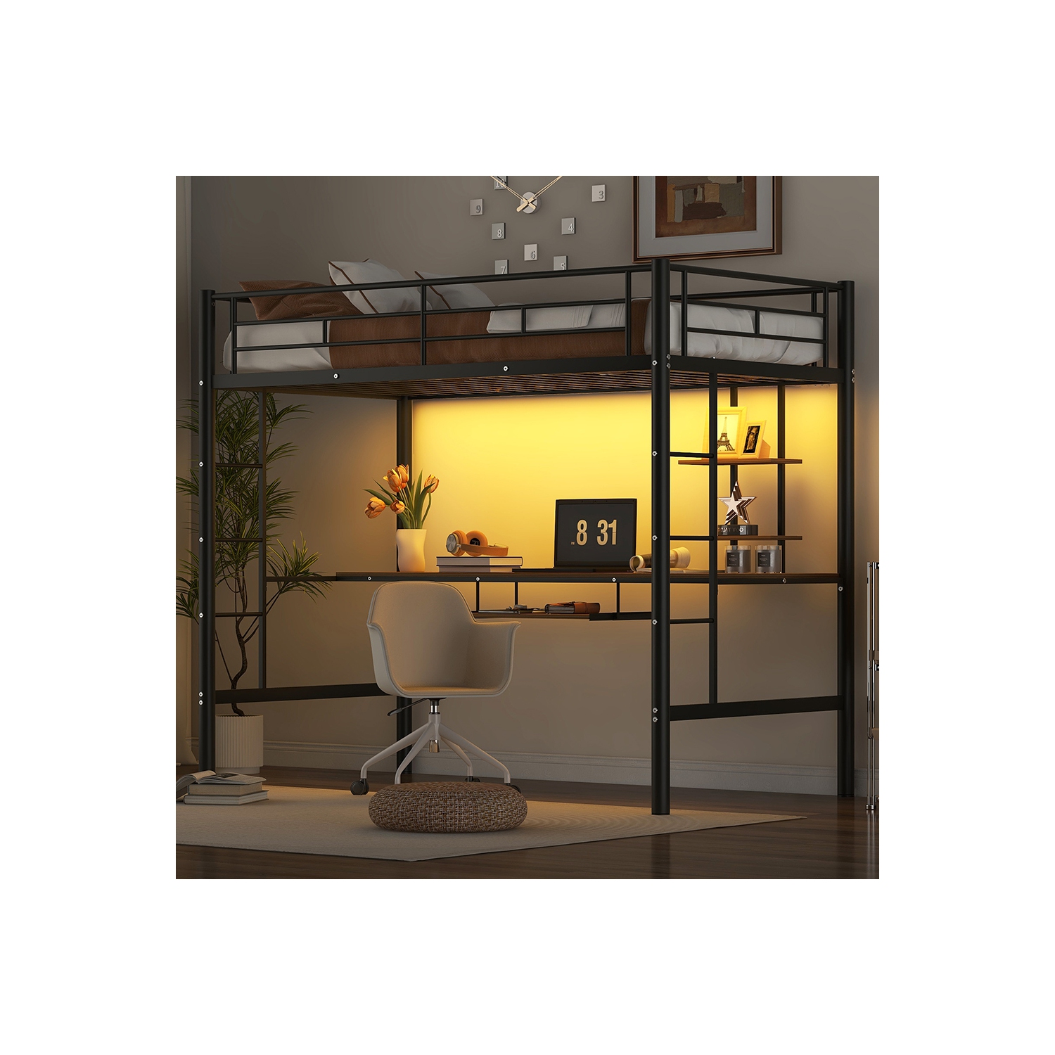 Kepooman Twin Loft Bed with Desk and Shelf and LED Light