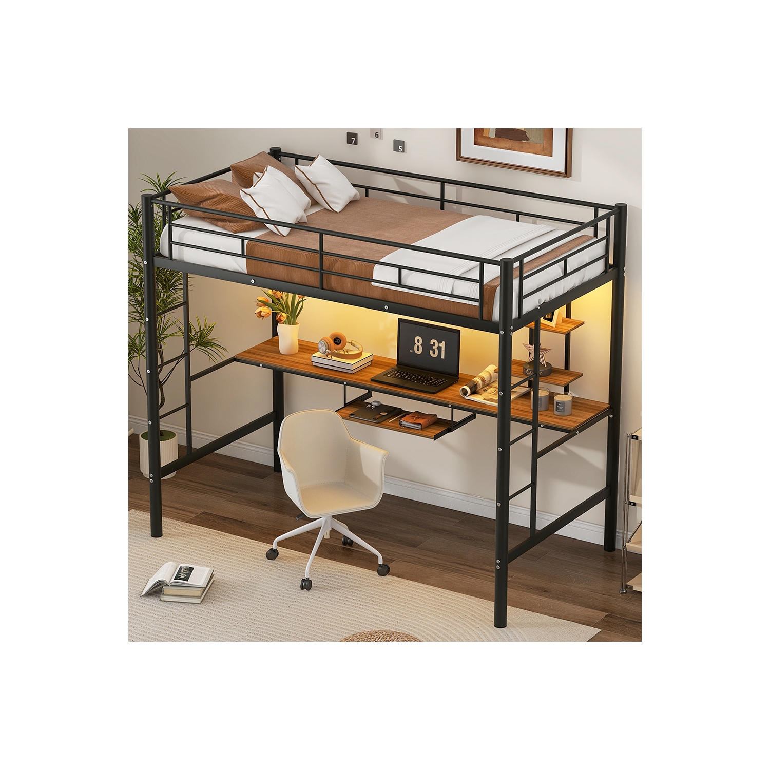 Kepooman Twin Loft Bed with Desk and Shelf and LED Light