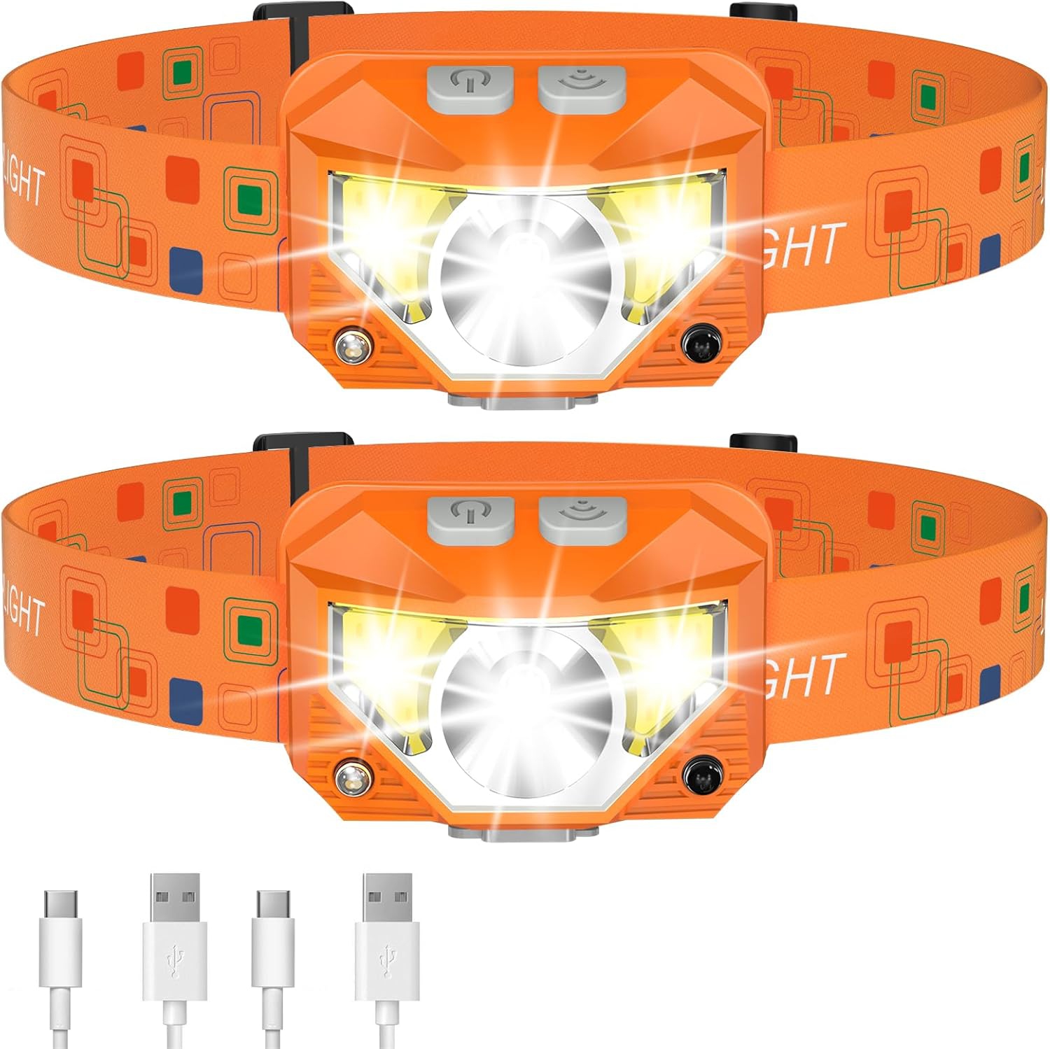 2-Pack Headlamp Flashlight, 1200 Lumen Ultra-Light Bright LED Rechargeable Headlight with White Red Light,Waterproof Motion Sensor Head Lamp for