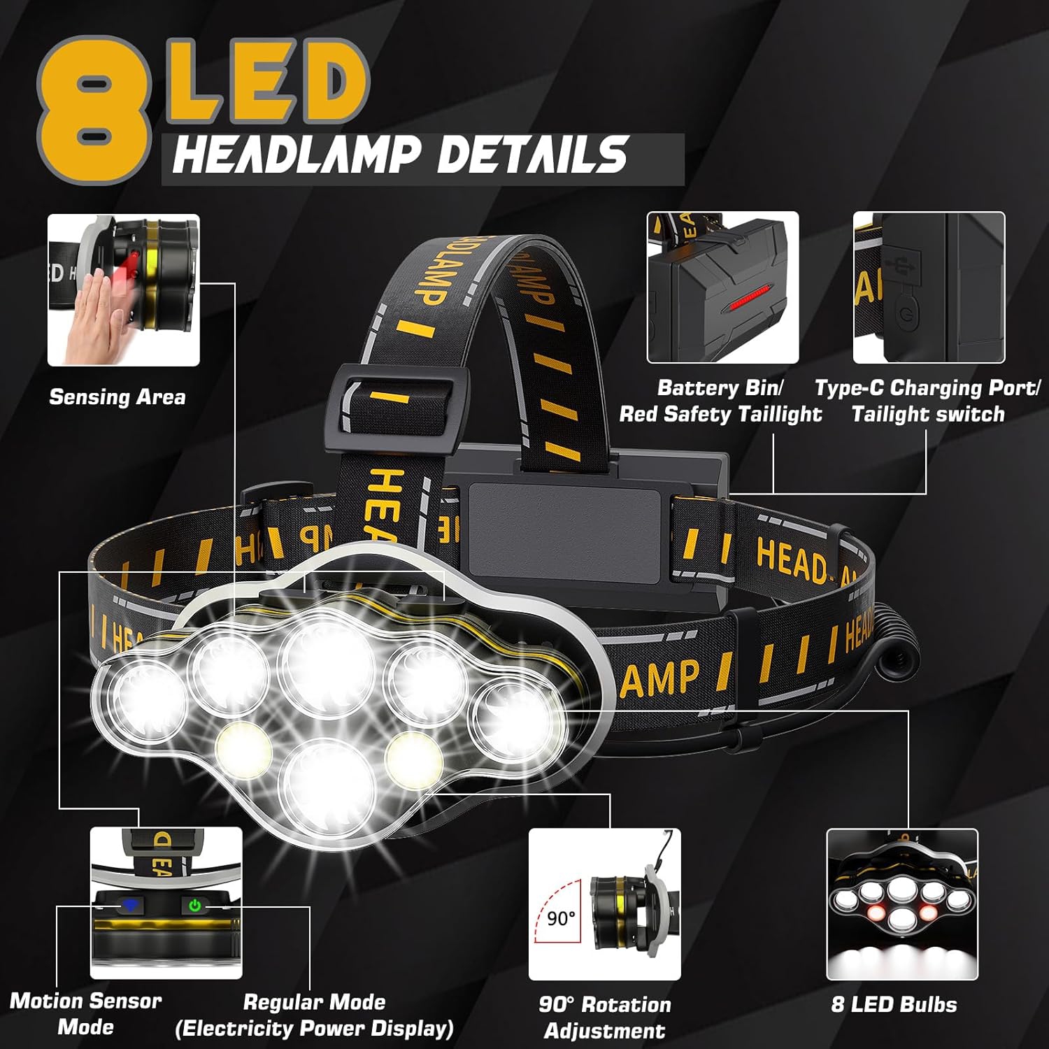 Phare ultra-lumineux 18000 lumens 8 LED Capteur de mouvement Feu avant avec témoin rouge 8 modes Phare rechargeable étanche, phare pour la pêche au