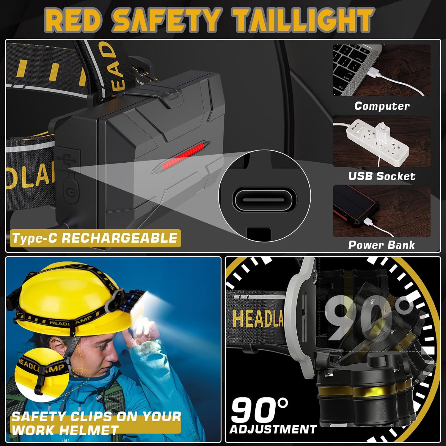 Phare ultra-lumineux 18000 lumens 8 LED Capteur de mouvement Feu avant avec témoin rouge 8 modes Phare rechargeable étanche, phare pour la pêche au