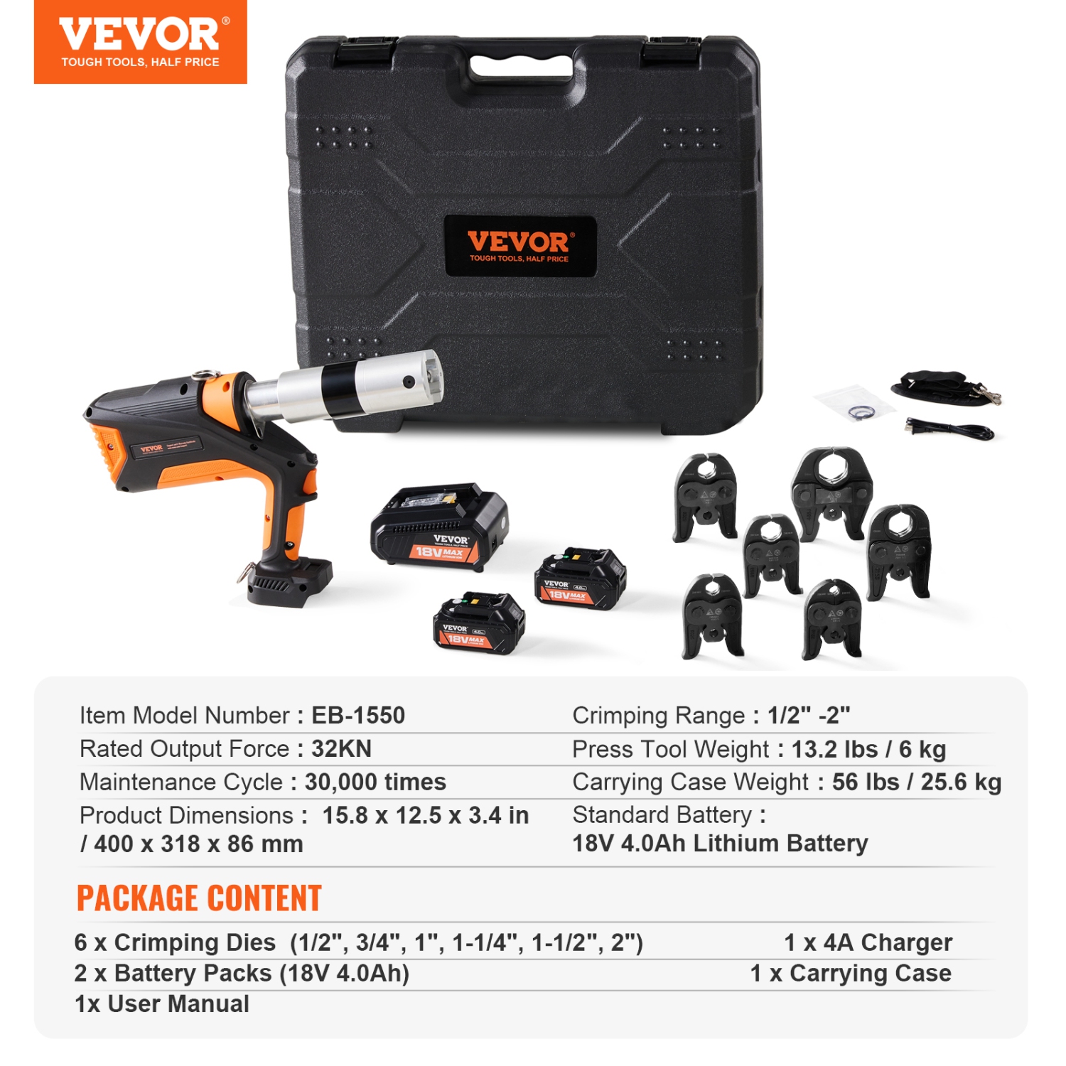 VEVOR 18V Professional Cordless Pipe Crimper, suitable for 1/2"-2" Stainless Steel, Copper, PEX Tubing, features 360° Swivel, Brushless Motor &