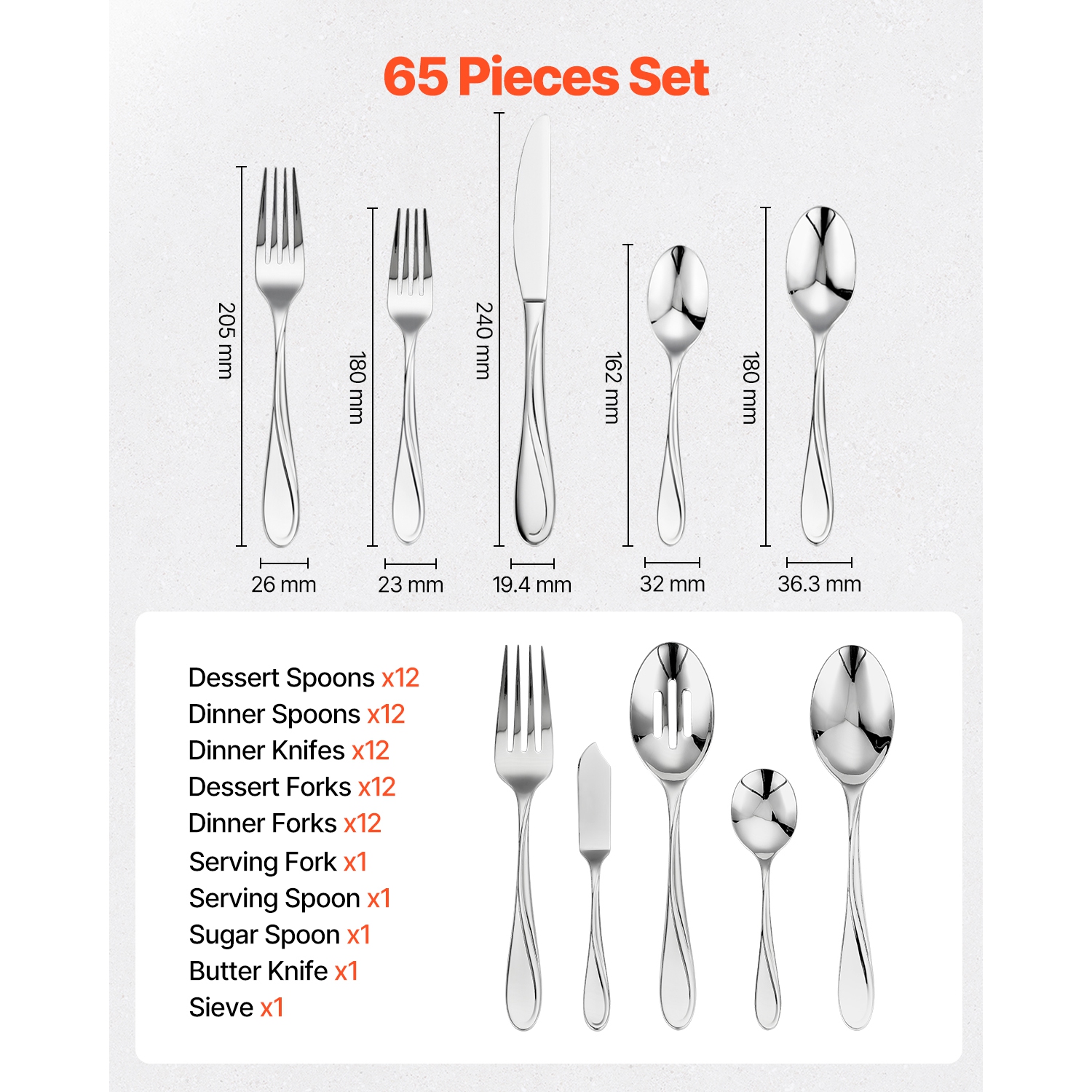 VEVOR 65-Piece Silverware Set, Food-Grade Stainless Steel Flatware Utensils, Mirror Finished Cutlery Set, Dishwasher Safe Eating Tableware for