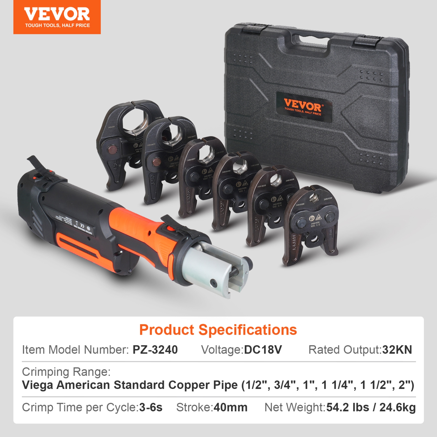 VEVOR 18V ProPress Tool, Electric Pipe Crimping Tool for 1/2”, 3/4”, 1”, 1 1/4", 1 1/2", 2" Copper Pipes, Press Tool Kit with Brushless Motor, 6 Pro