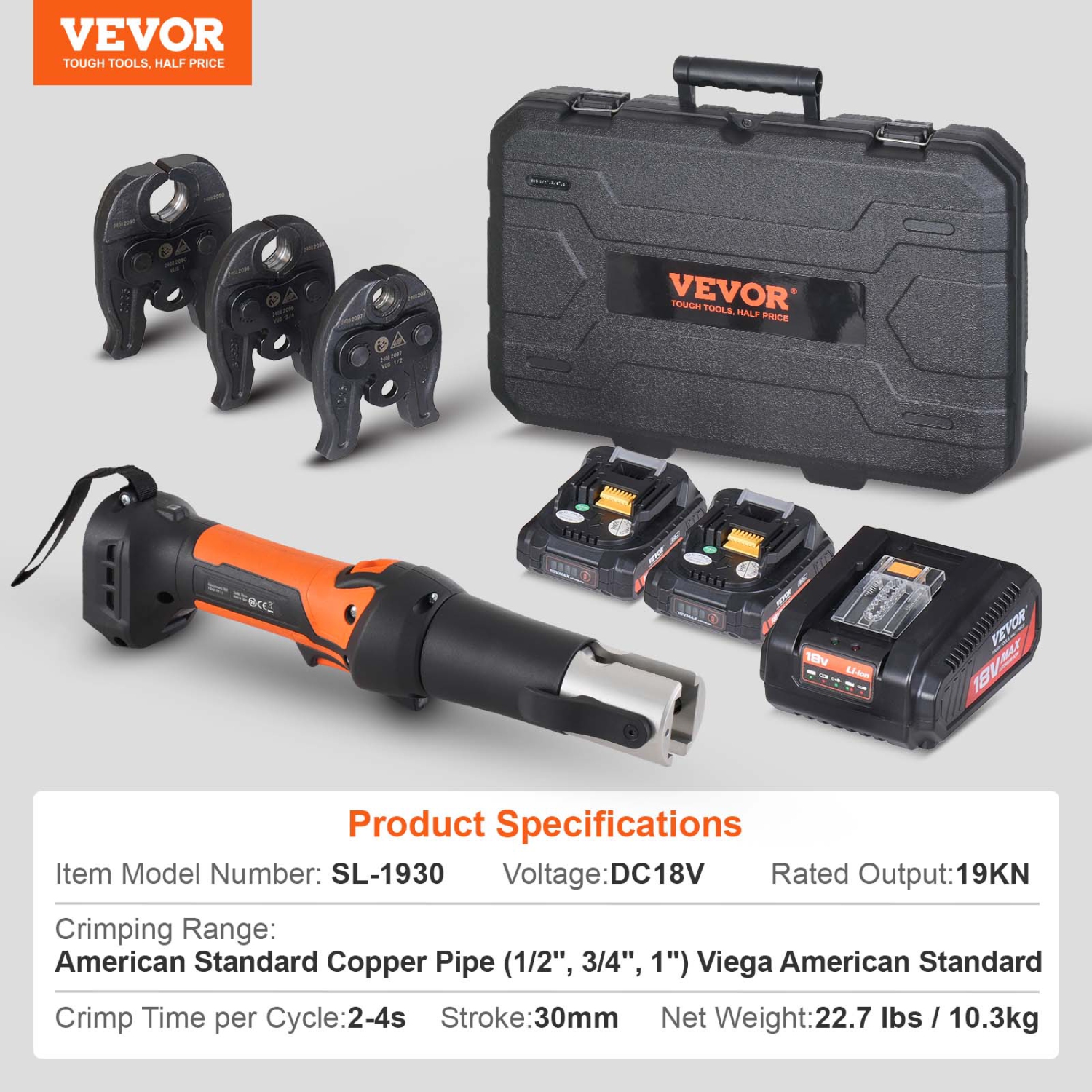 VEVOR 18V Mini ProPress Tool, Electric Pipe Crimping Tool for 1/2", 3/4", 1" Copper Pipes, Press Tool Kit with 3 Pro Press Jaws, 2pcs 18V 2AH