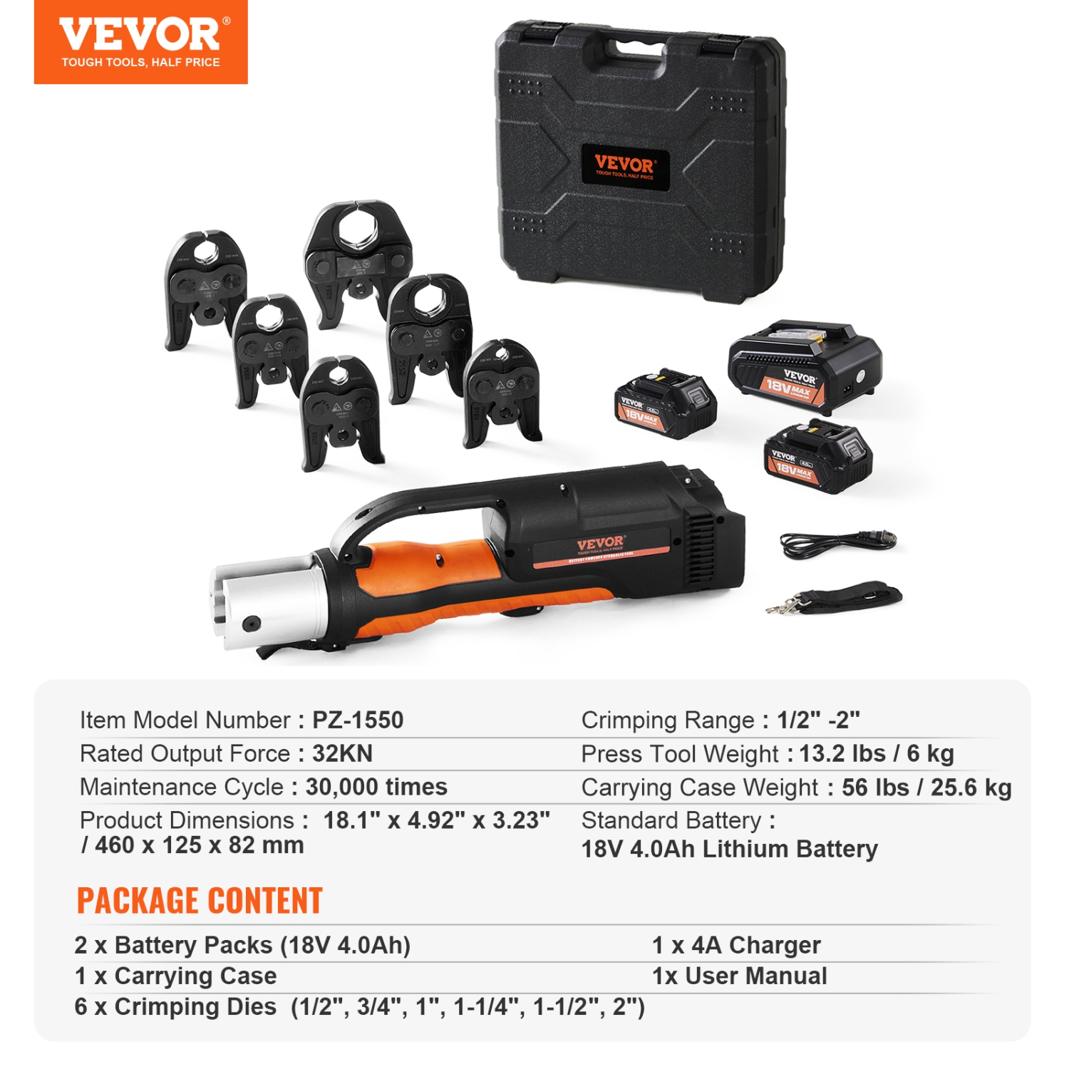 VEVOR 18V Pro Press Tool, Electric Pipe Crimping Tool for 1/2" to 2" Stainless Steel, Copper, PEX Pipes, Press Tool Kit with 6 Pro Press Jaws, 2PCS
