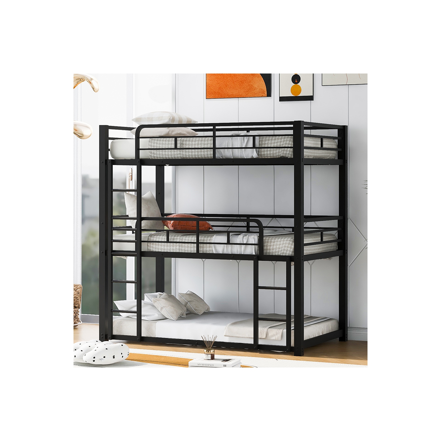 Lit jumeau superposé triple en métal Kepooman, noir